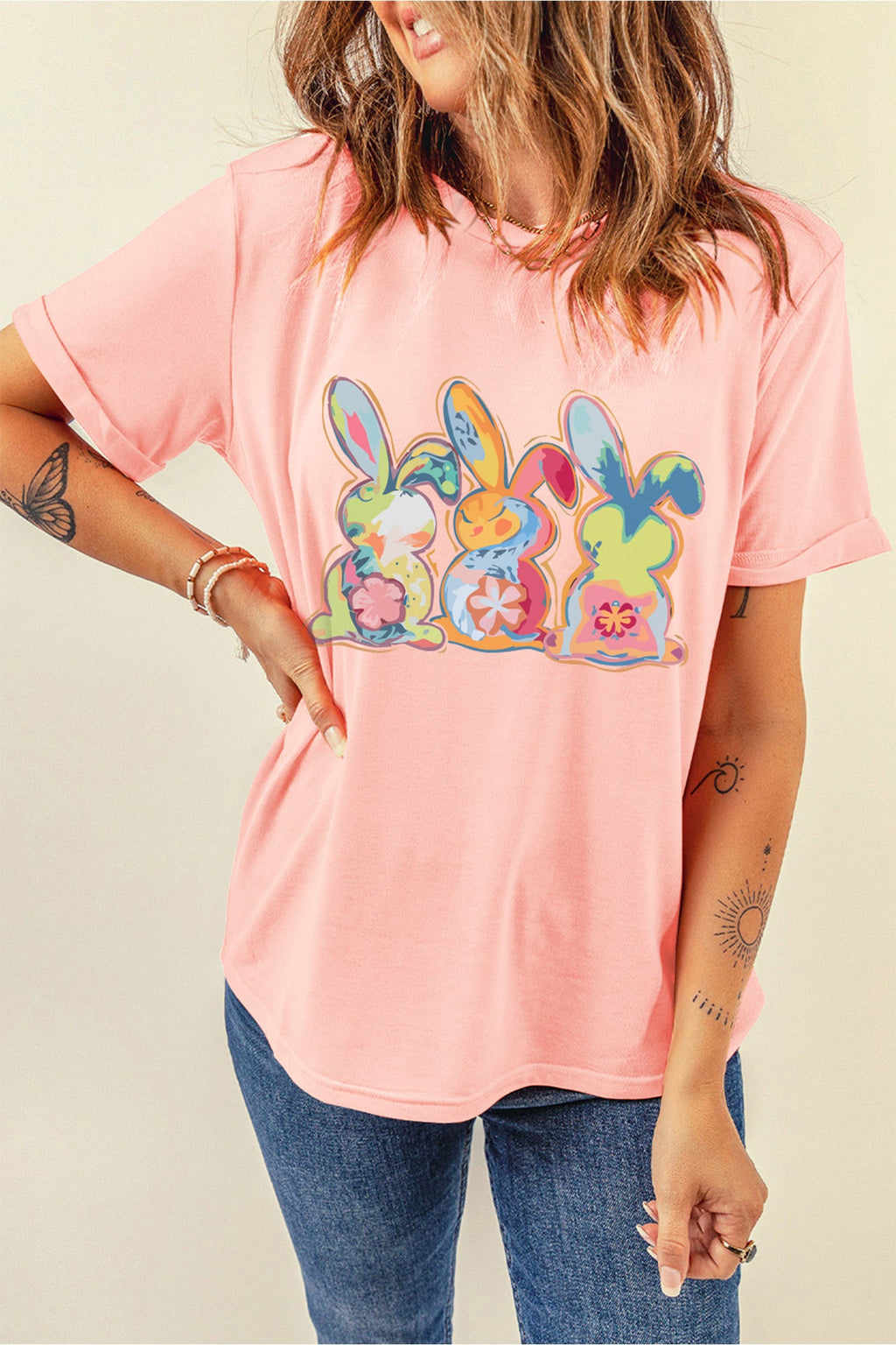 Pink Cute Doddle Bunny Easter Fashion Graphic Tee