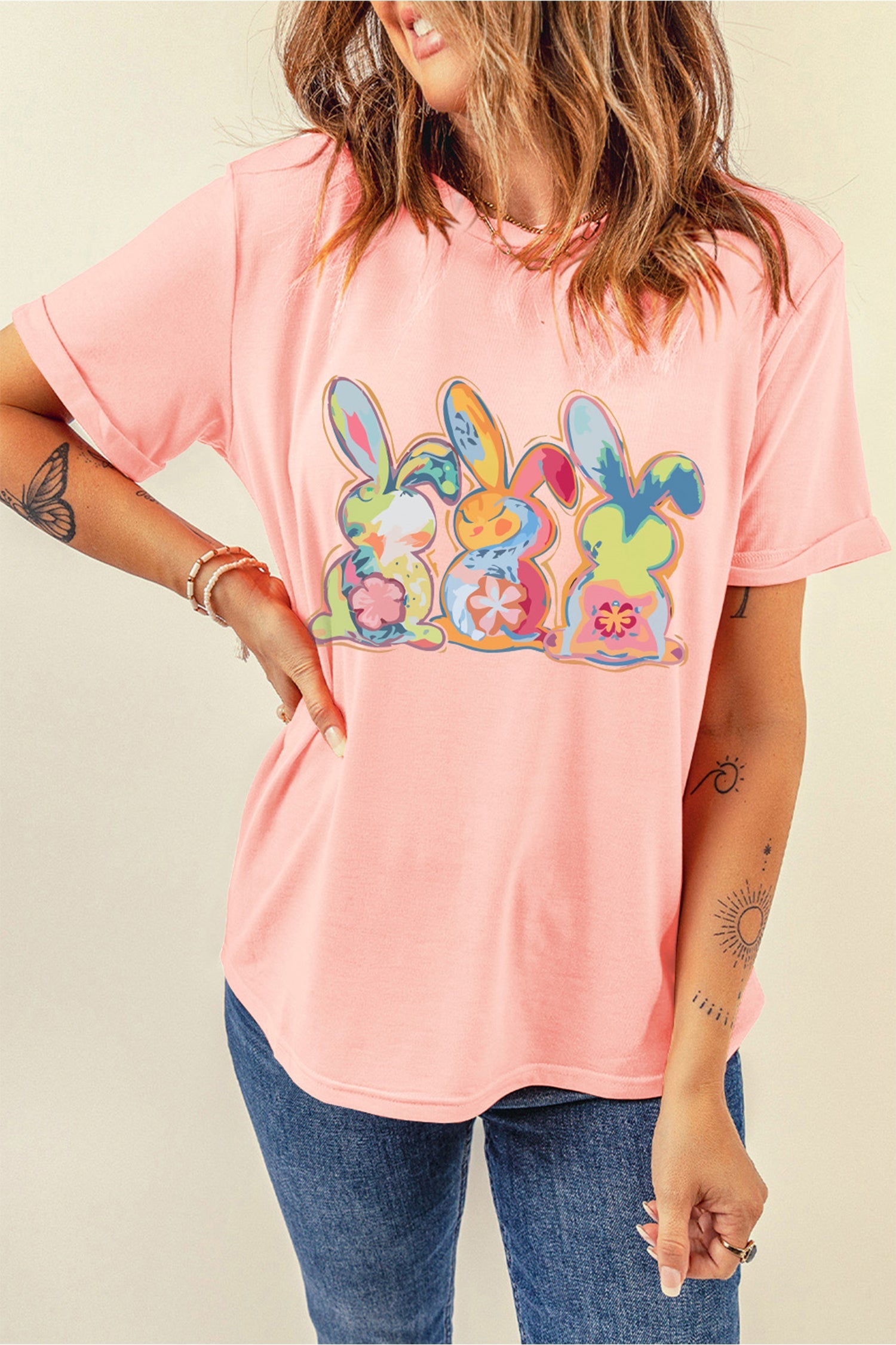 Pink Cute Doddle Bunny Easter Fashion Graphic Tee