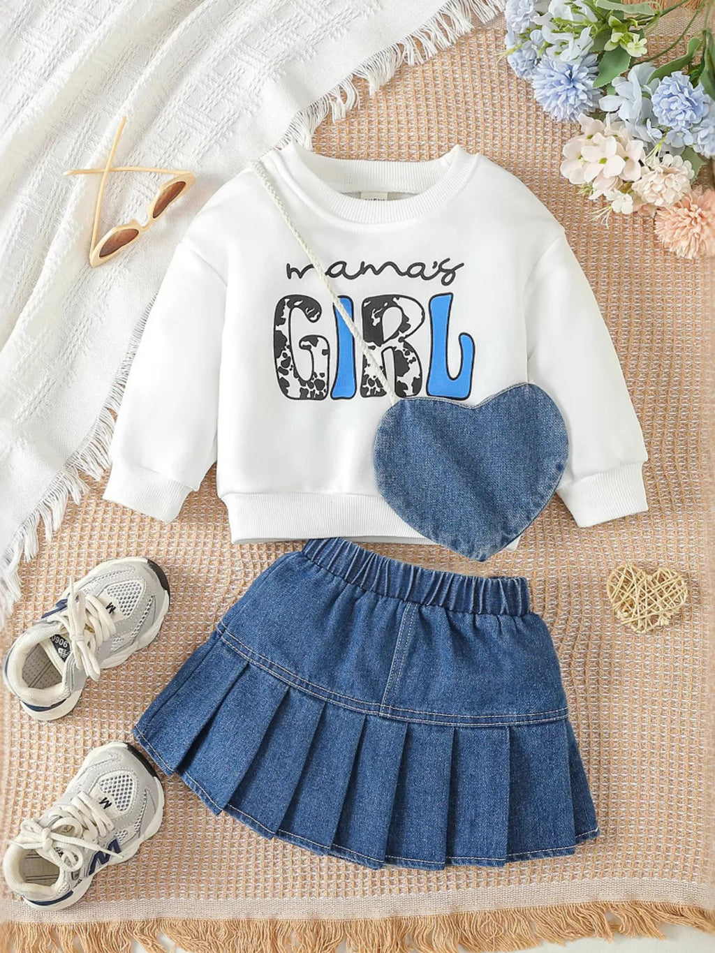 Children's Letter Long Sleeve Top and Denim Skirt Set with Heart Bag