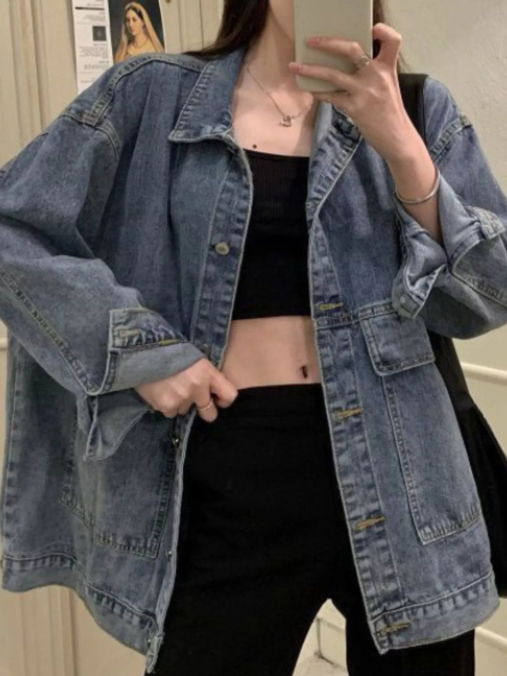 Oversized Wash Denim Jacket with Utility Pockets
