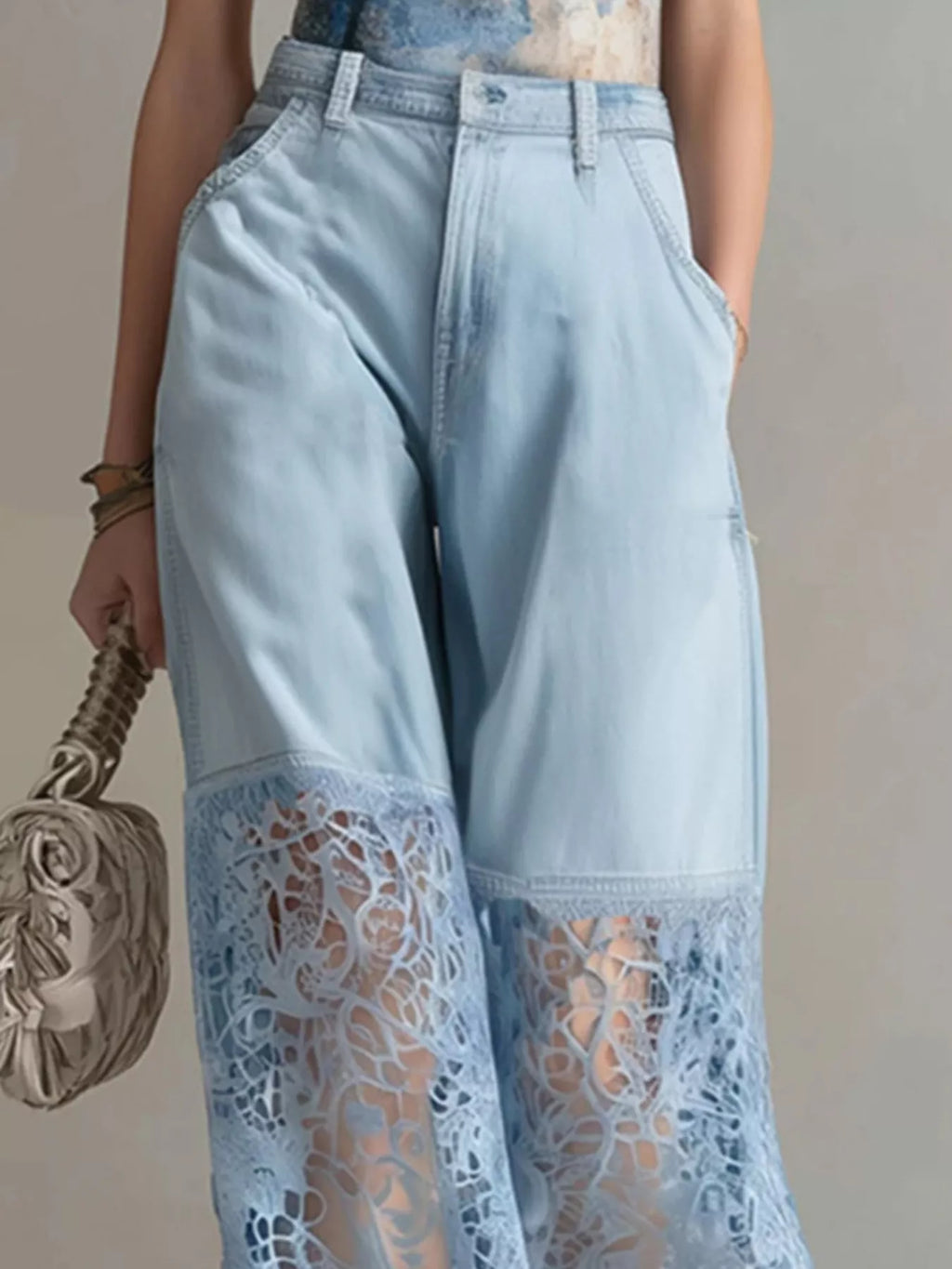 Lace Patchwork Wide Leg Jeans
