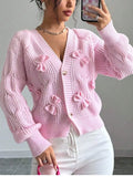 Bow Cable Knit V-Neck Cardigan
