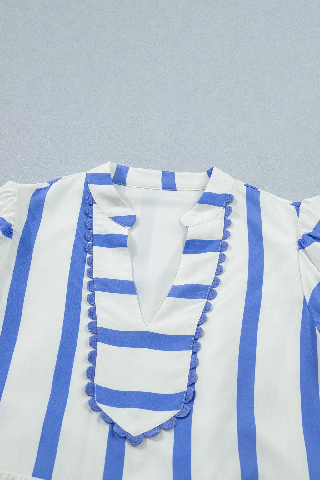 Sky Blue Stripe Split V Neck Puff Sleeve Summer Blouse