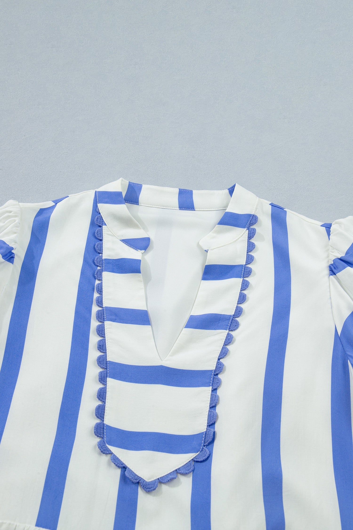 Sky Blue Stripe Split V Neck Puff Sleeve Summer Blouse