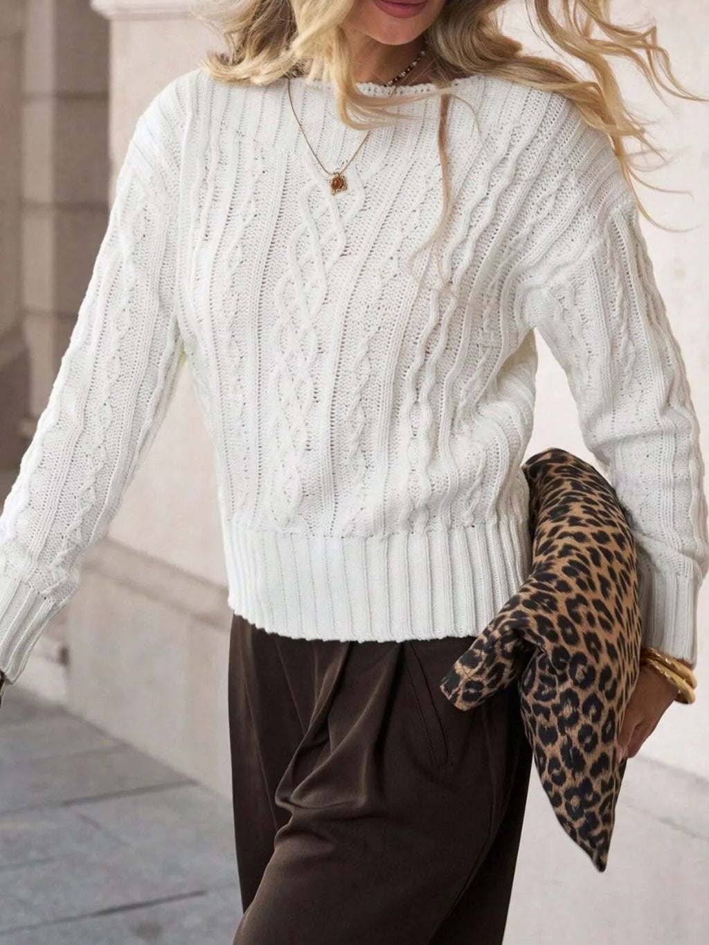 Cable-Knit Round Neck Sweater