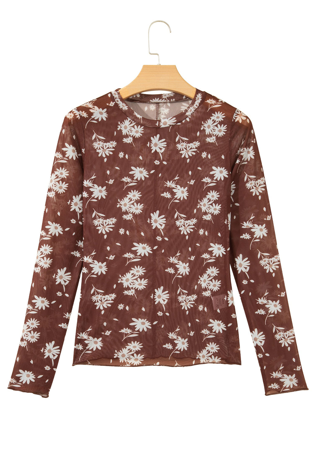 Brown Floral Print Sheer Mesh Long Sleeve Top