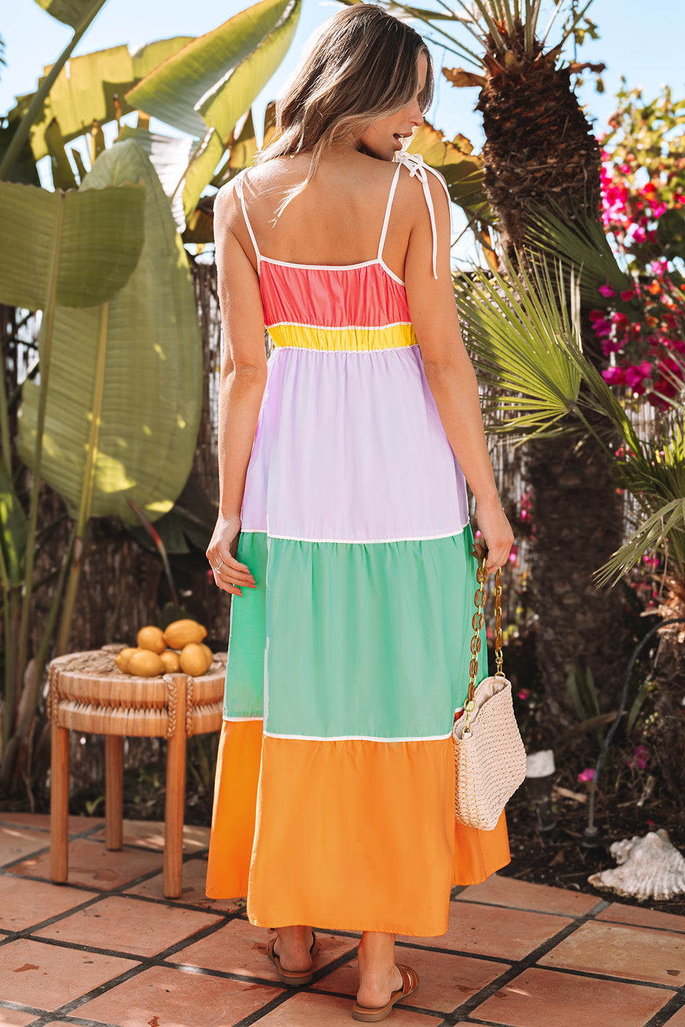 Colorblock Self-Tie Straps Pocketed Flowy Maxi Dress