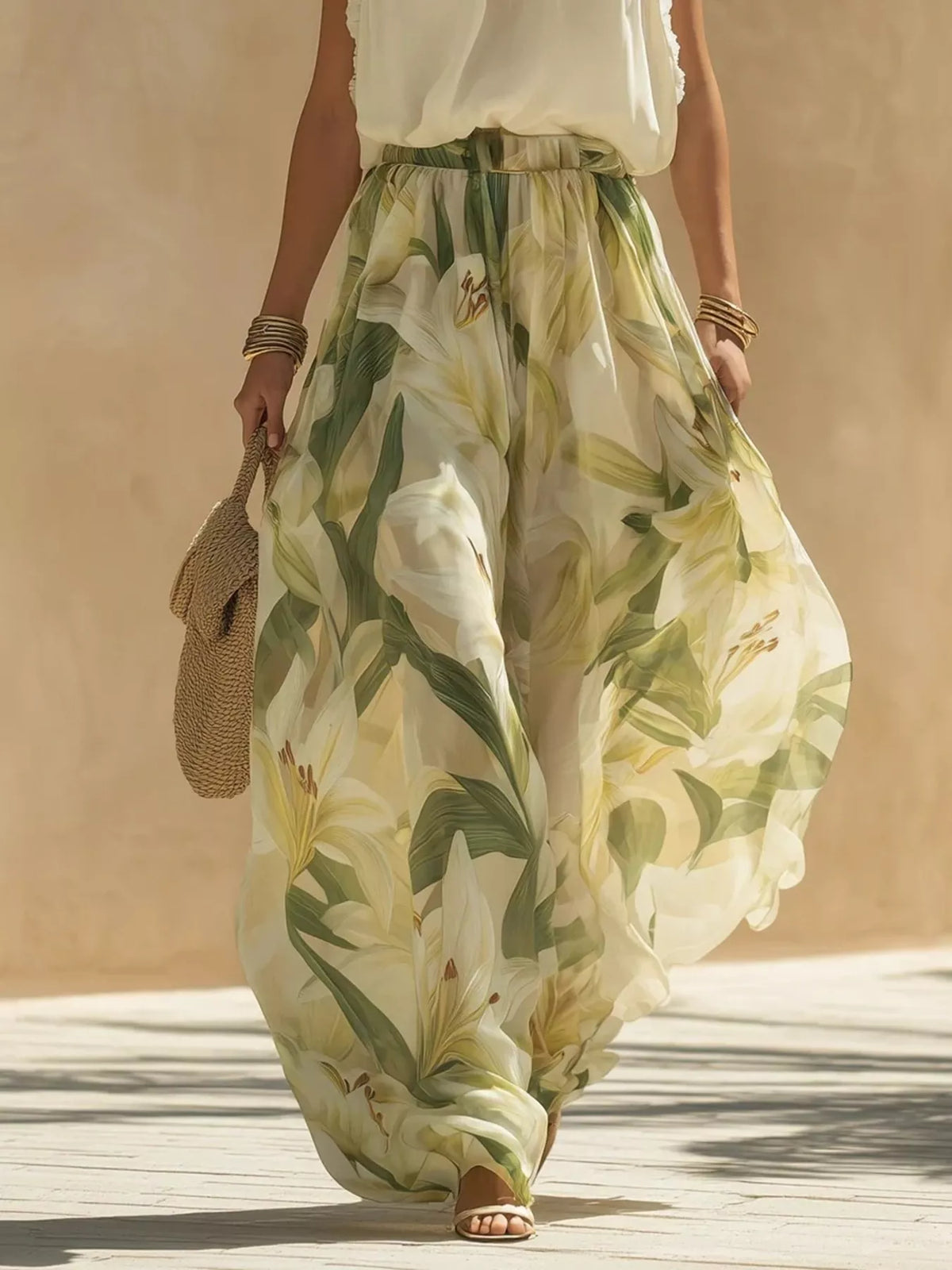 Frill Sleeveless Top and Wide-Leg Pants Two-Piece Set