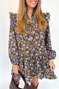 Floral Print Ruffled Detail Shirt Collar Button Down Long Sleeve Dress