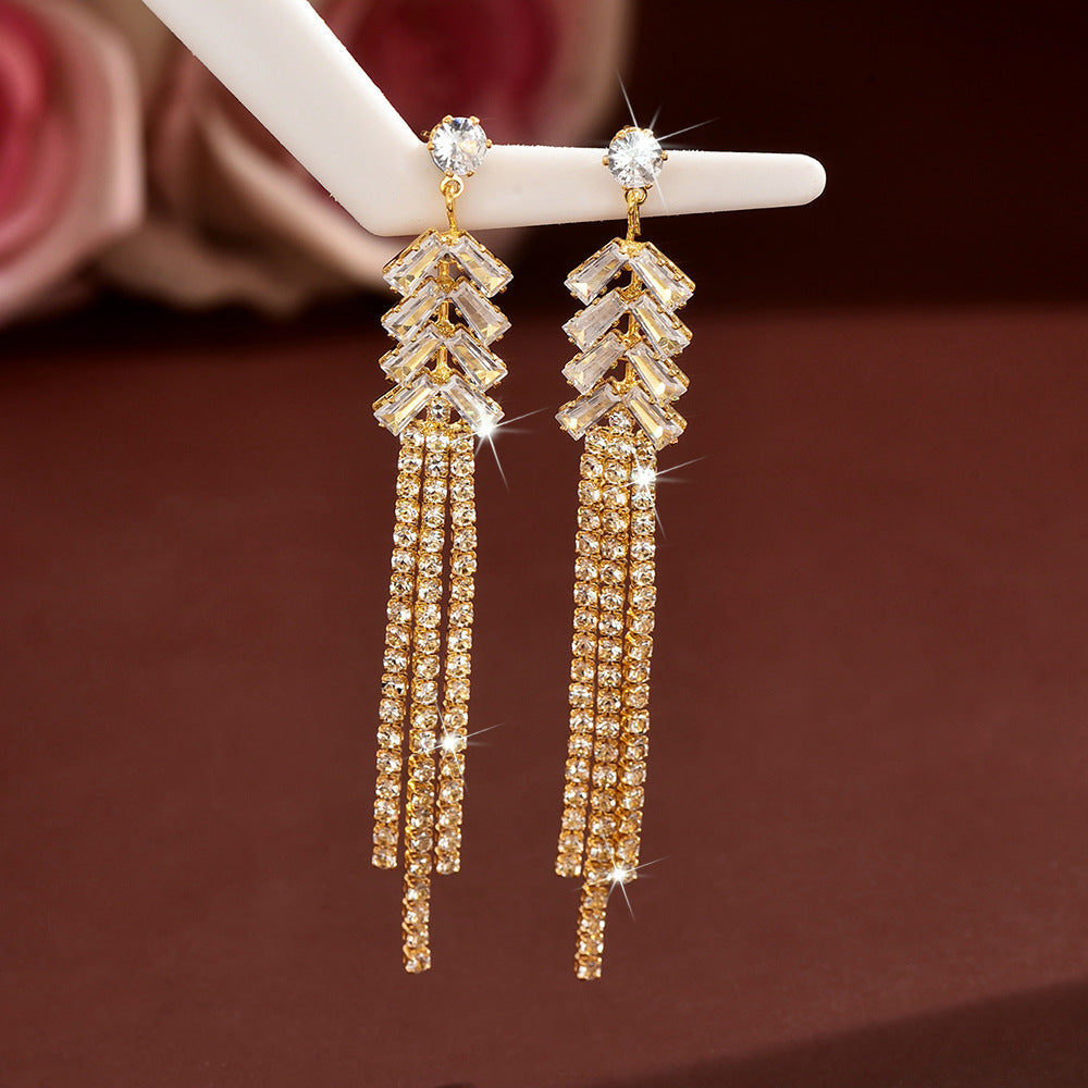 Womens Long Wheat Spike Tassel Rhinestone Dangle Earrings,Costume Earrings For Wedding Banquet Party Wear