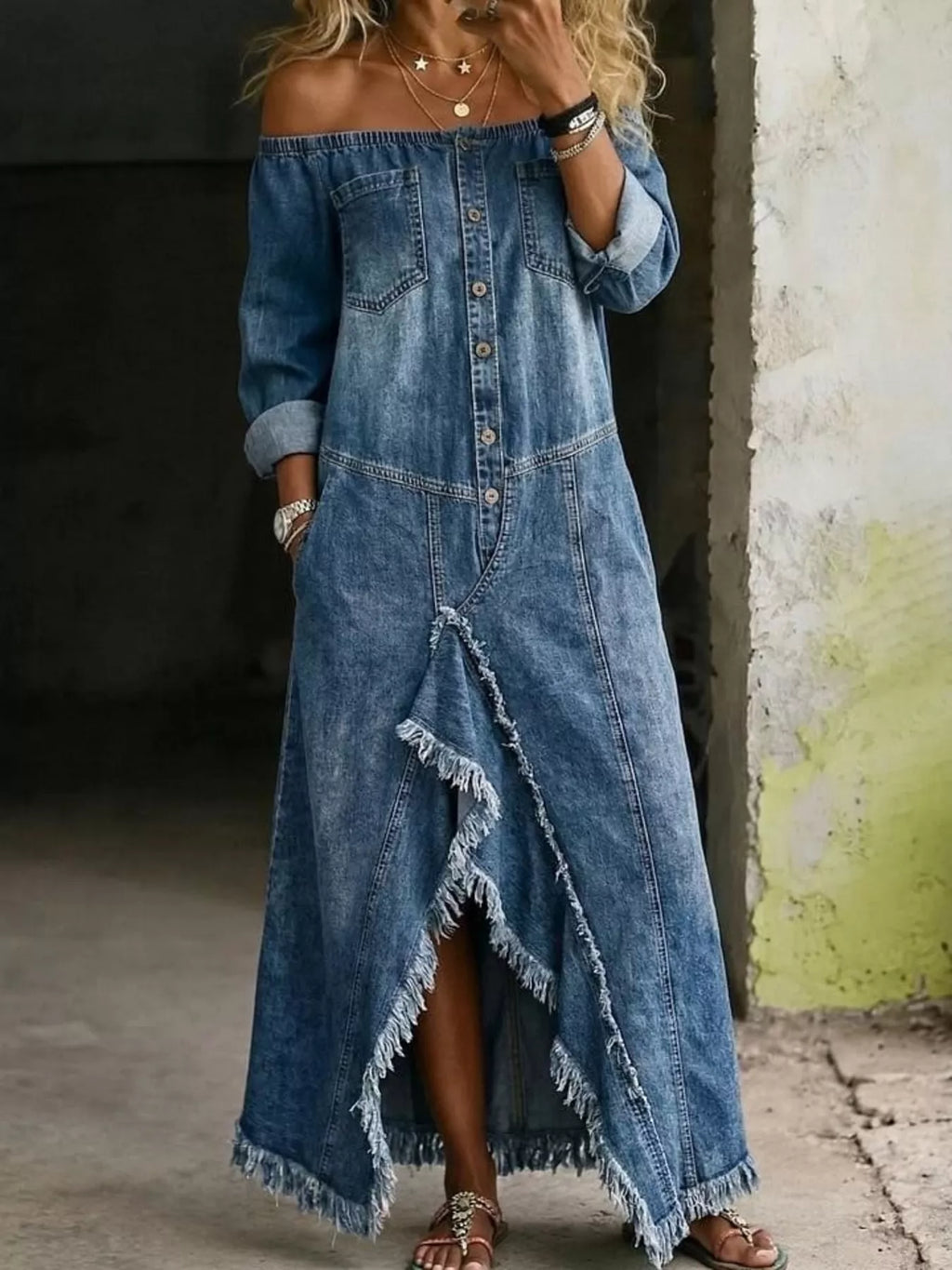 Full Size Off-Shoulder Raw Hem Slit Denim Maxi Dress Plus Size