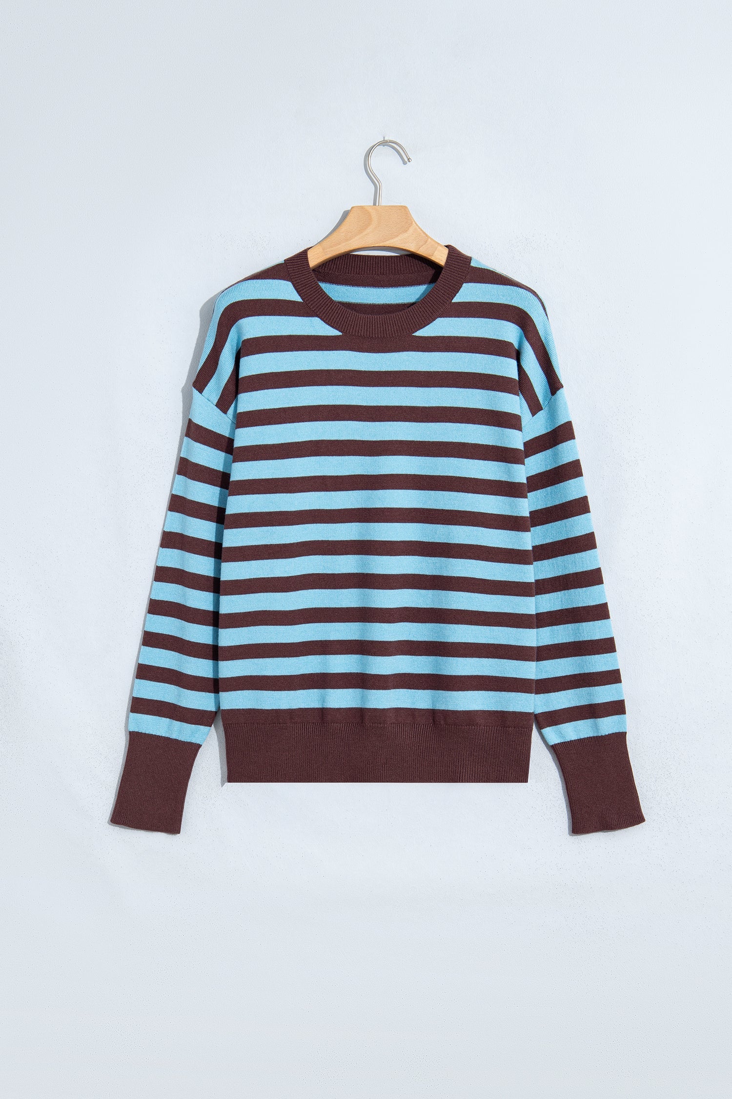 Brown Stripe Color Block Loose Crew Neck Cuffed Sweater