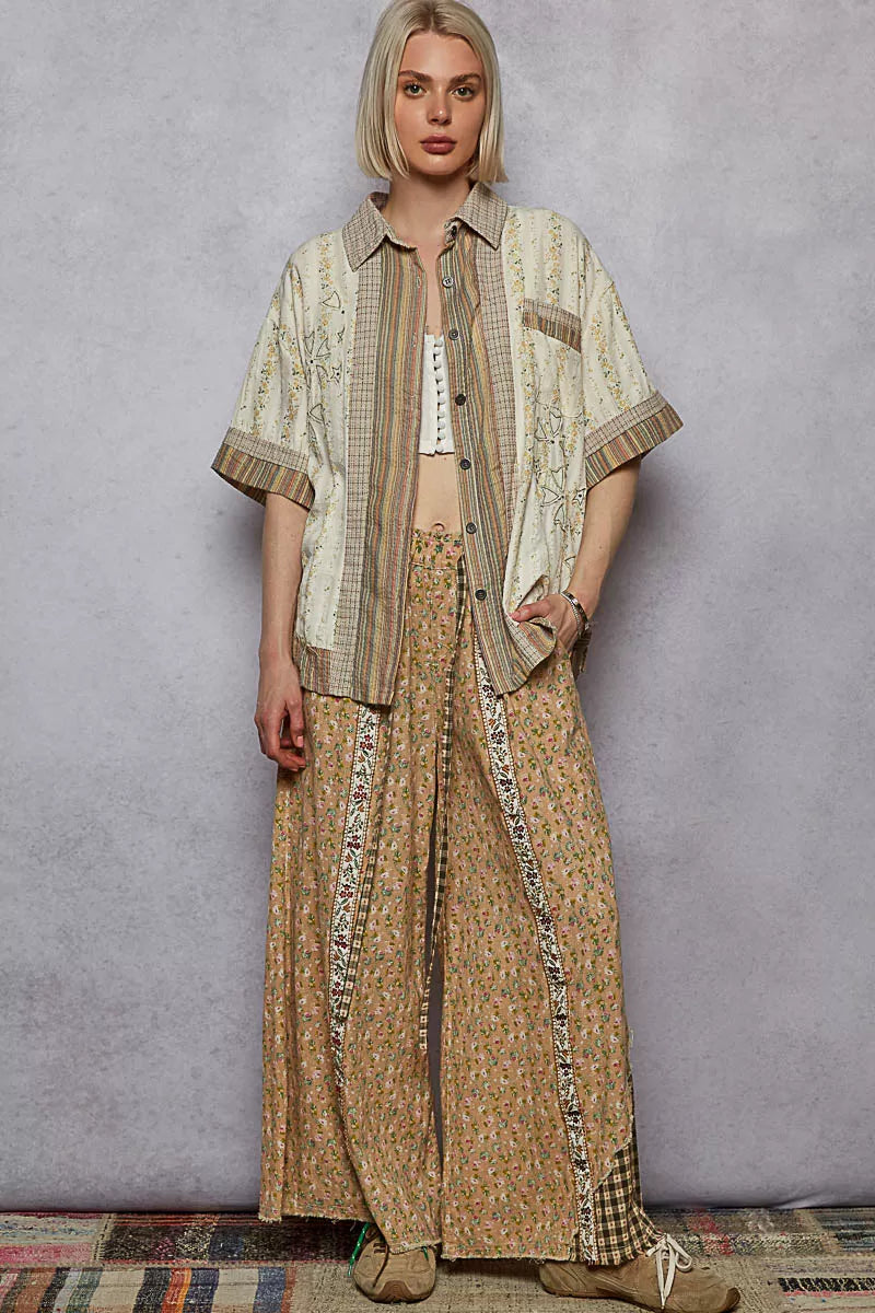 Printed Patchwork Button-Down Short Sleeve Shirt in Cotton