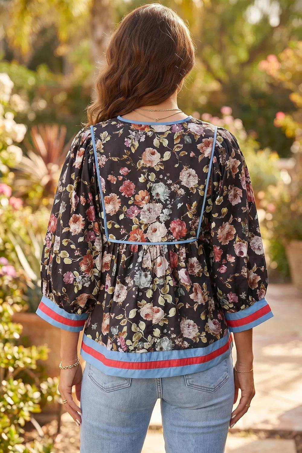 Floral Print Contrast Trim Tie V Neck Blouse