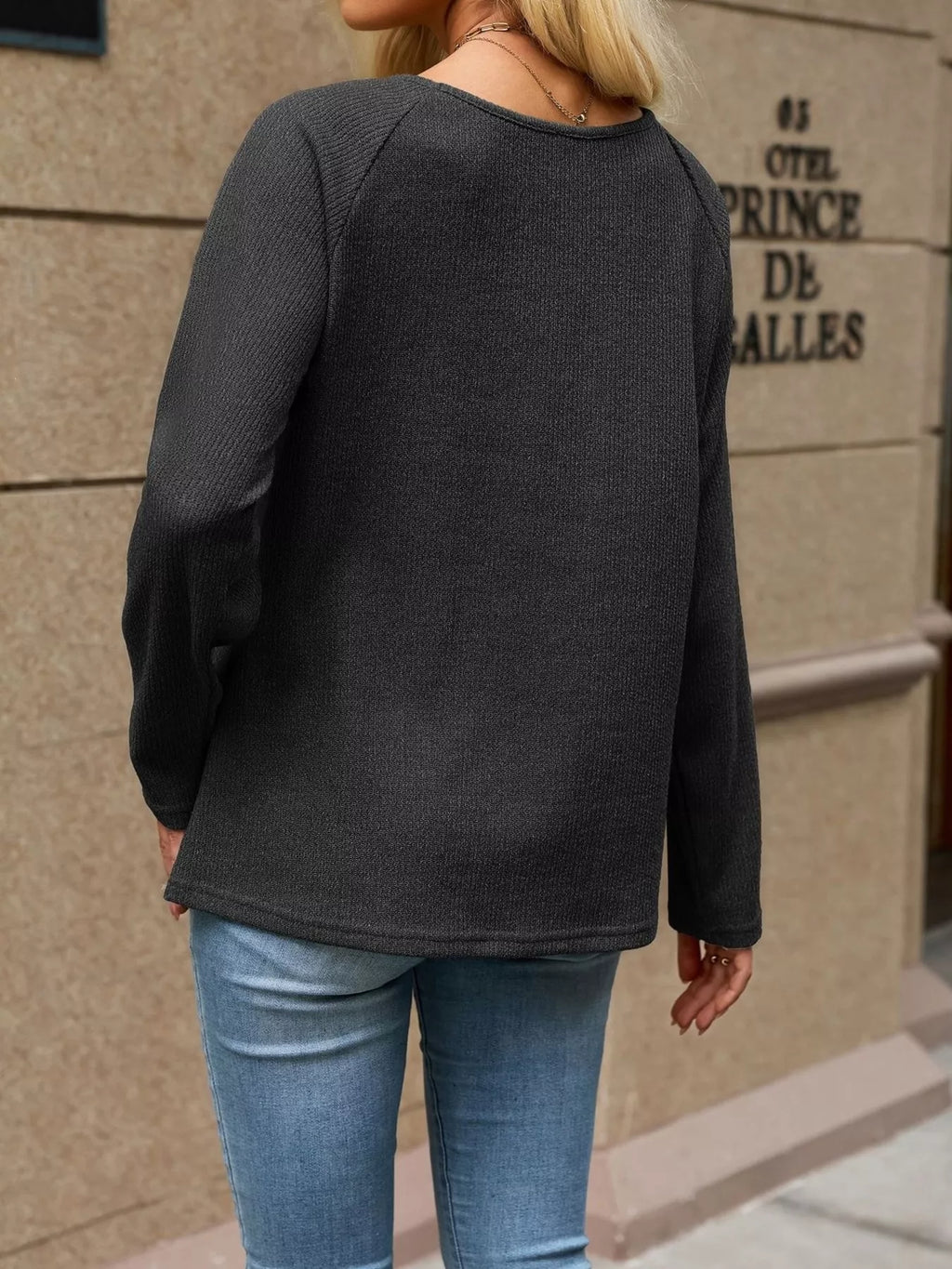 Ribbed Knit Raglan Sleeve T-Shirt