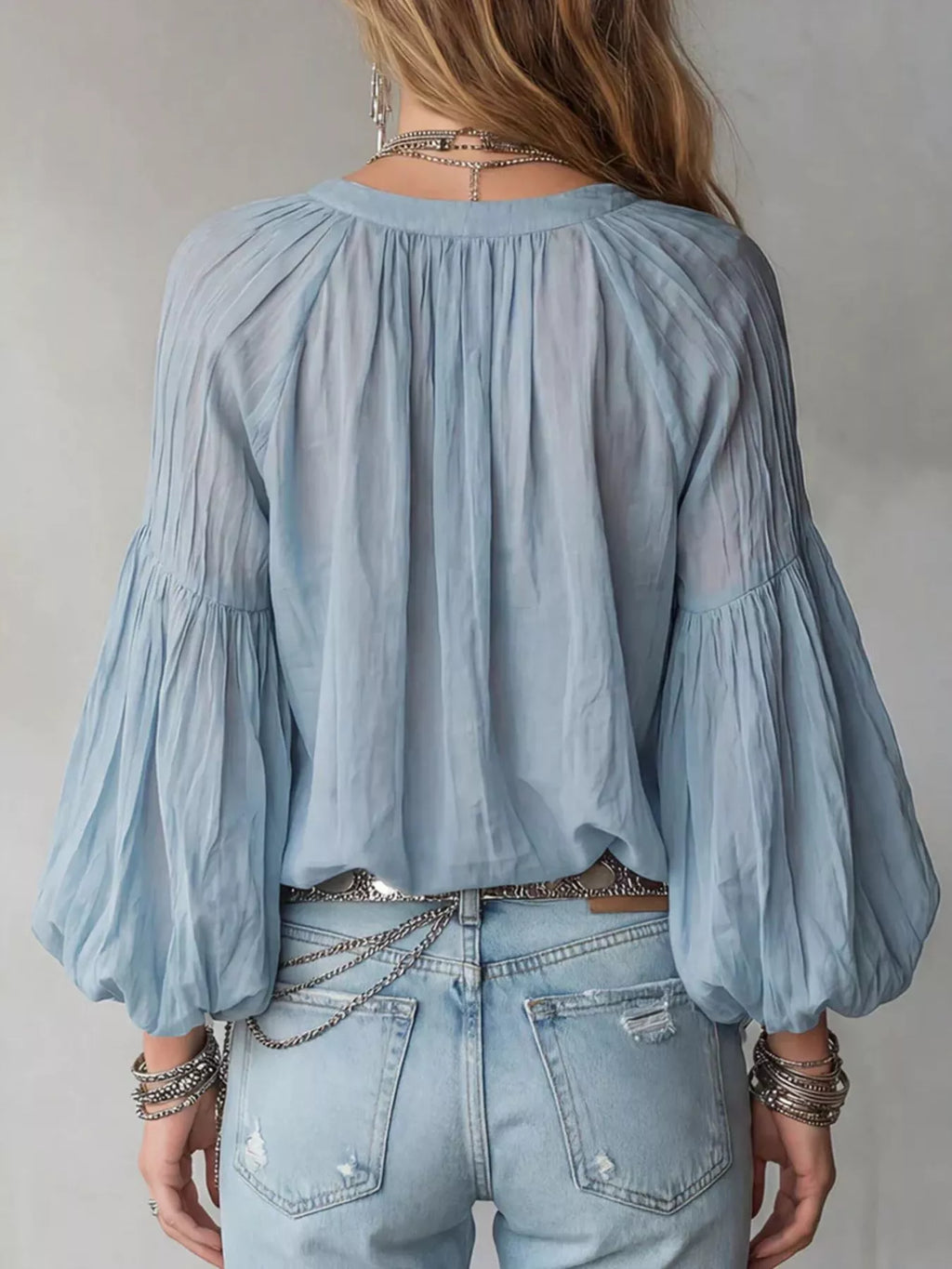 Notched Balloon Sleeve Blouse