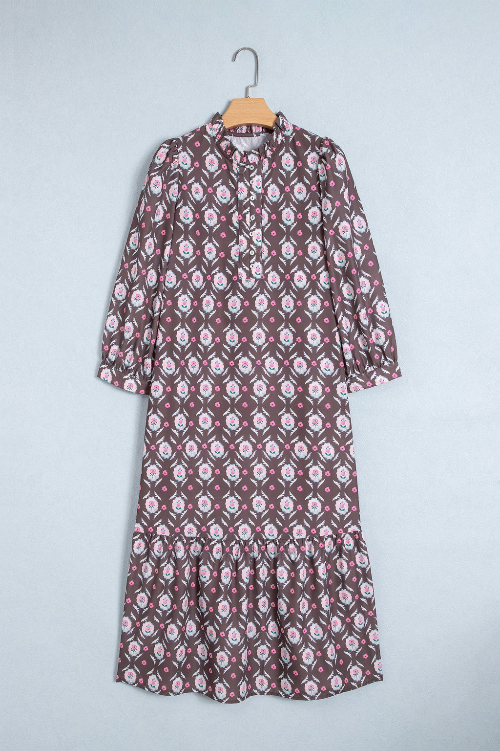 Brown Floral Print Button Front Ruffle Hem Midi Dress