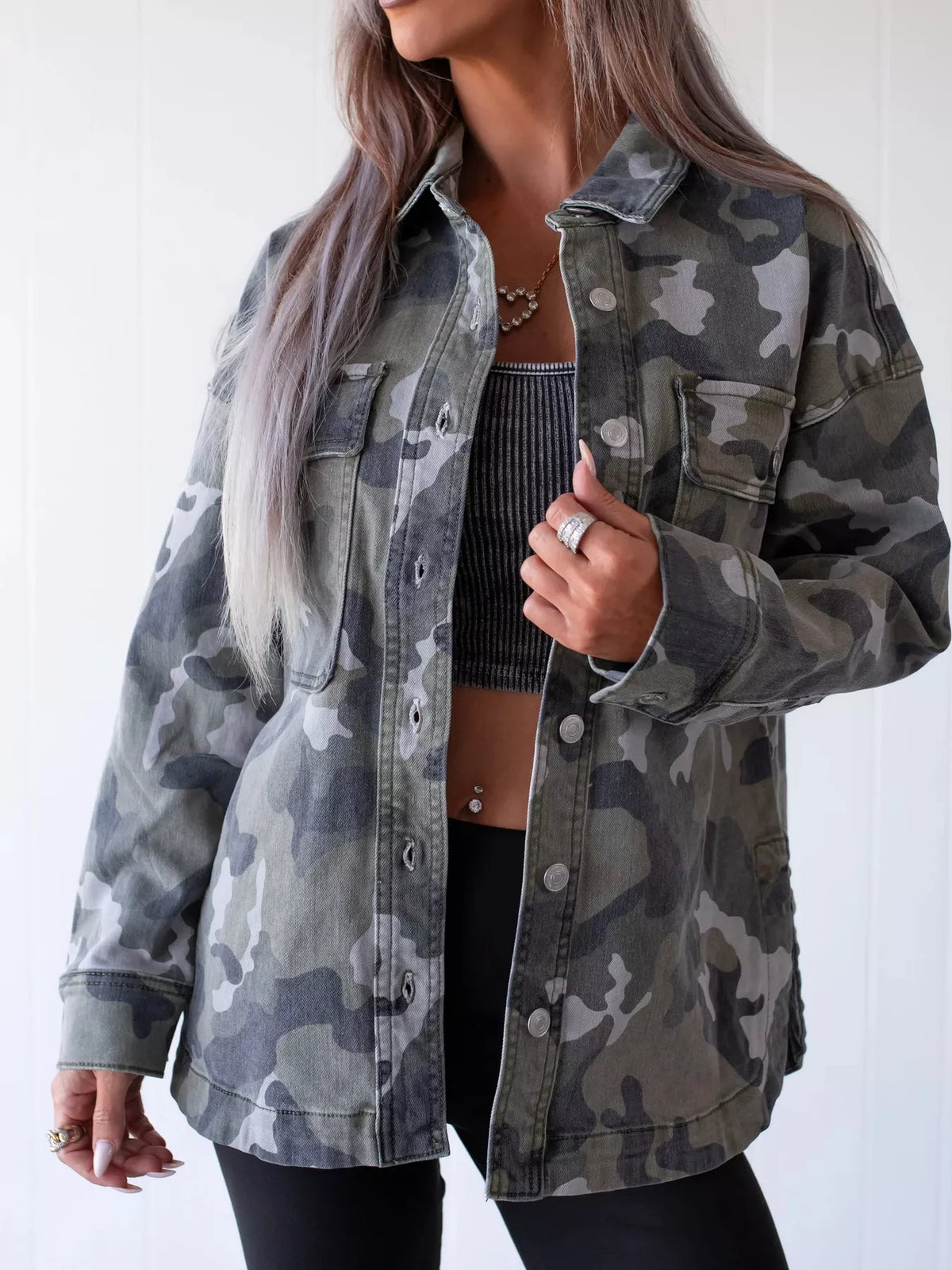 Camouflage Print Button Up Denim Jacket