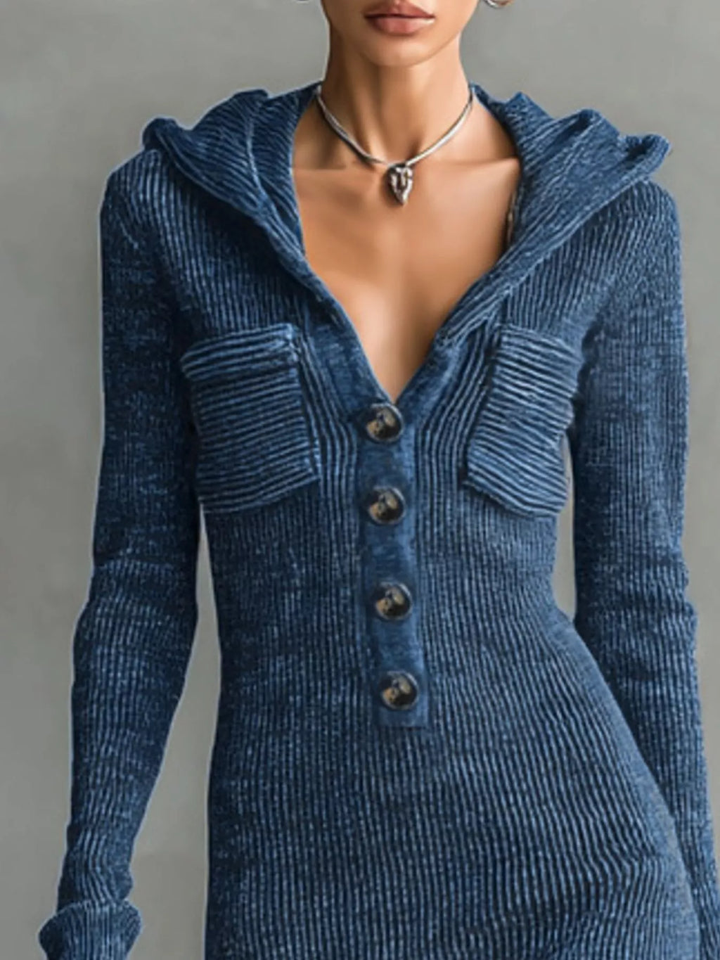 Hooded Knit Maxi Dress with Button-Up Placket and Chest Pockets