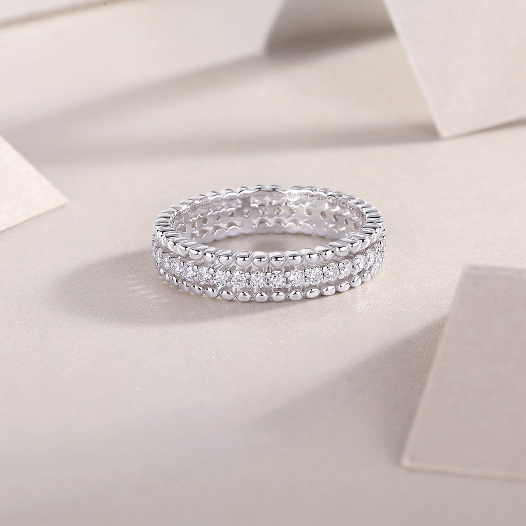 S925 Silver 2.4g Platinum Plated Moissanite Ring, 4.3mm Beaded & Pave Band, D VVS1 GRA US 5-9
