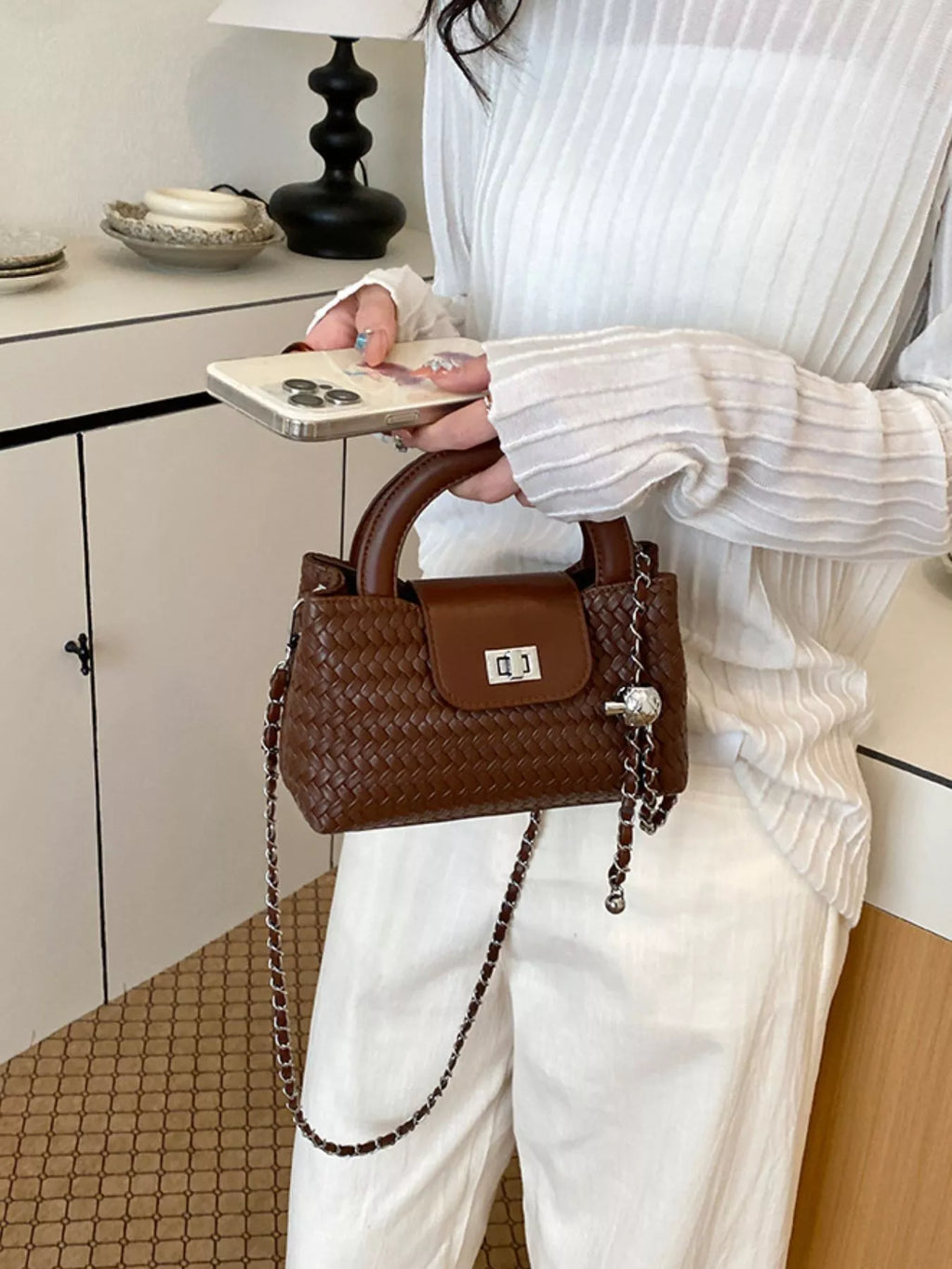 Woven Texture Crossbody Bag with Chain Strap