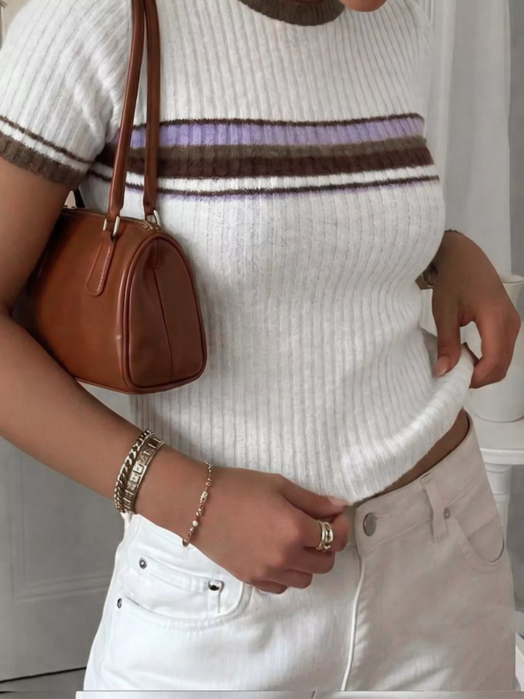 Striped Short Sleeve Knit Top