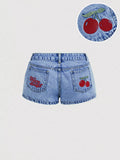 Cherry Embroidered Denim Shorts