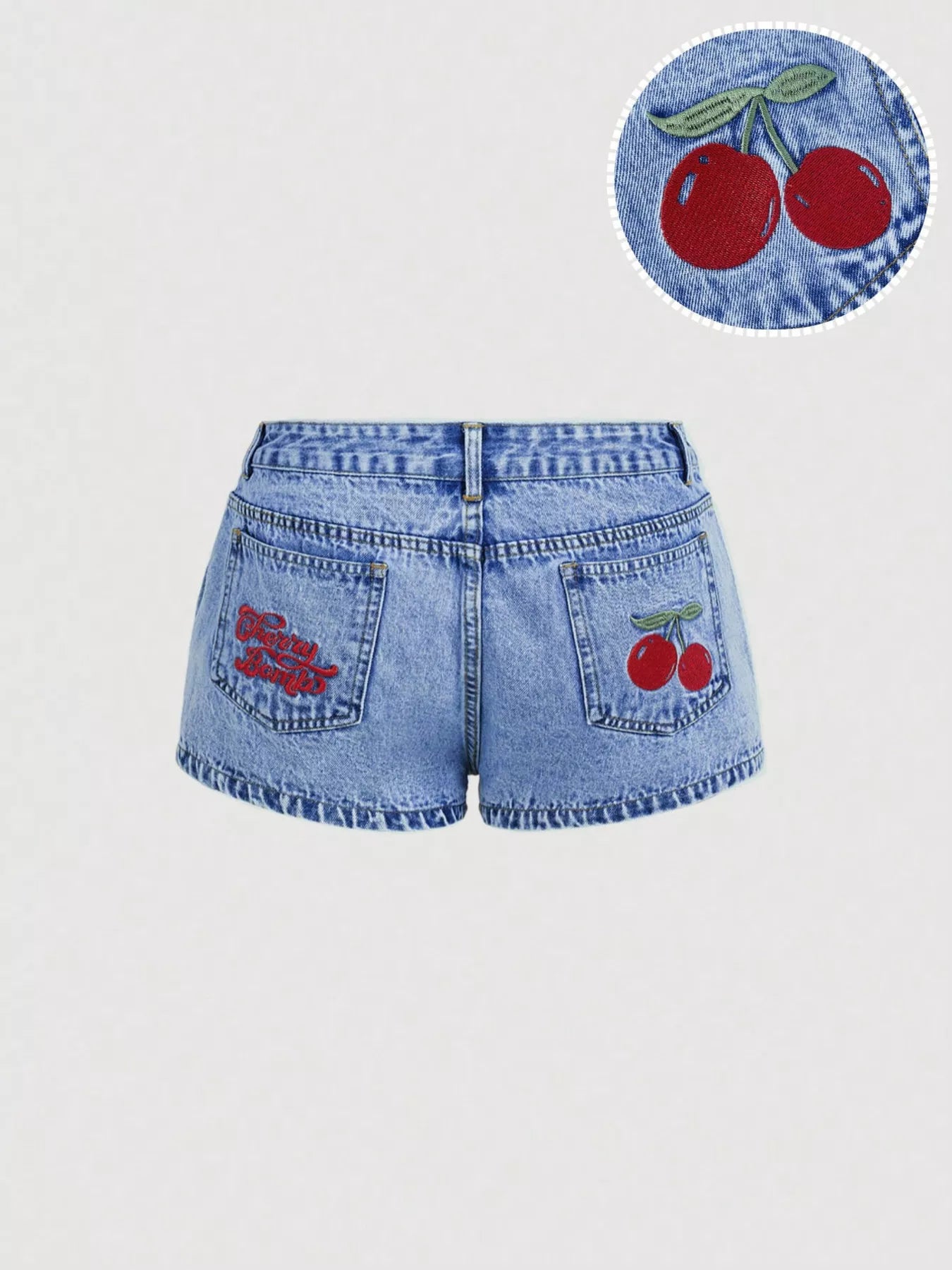 Cherry Embroidered Denim Shorts