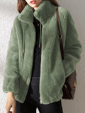 Full Size Drawstring Faux Fur Stand-Collar Zip-Up Outerwear Plus Size