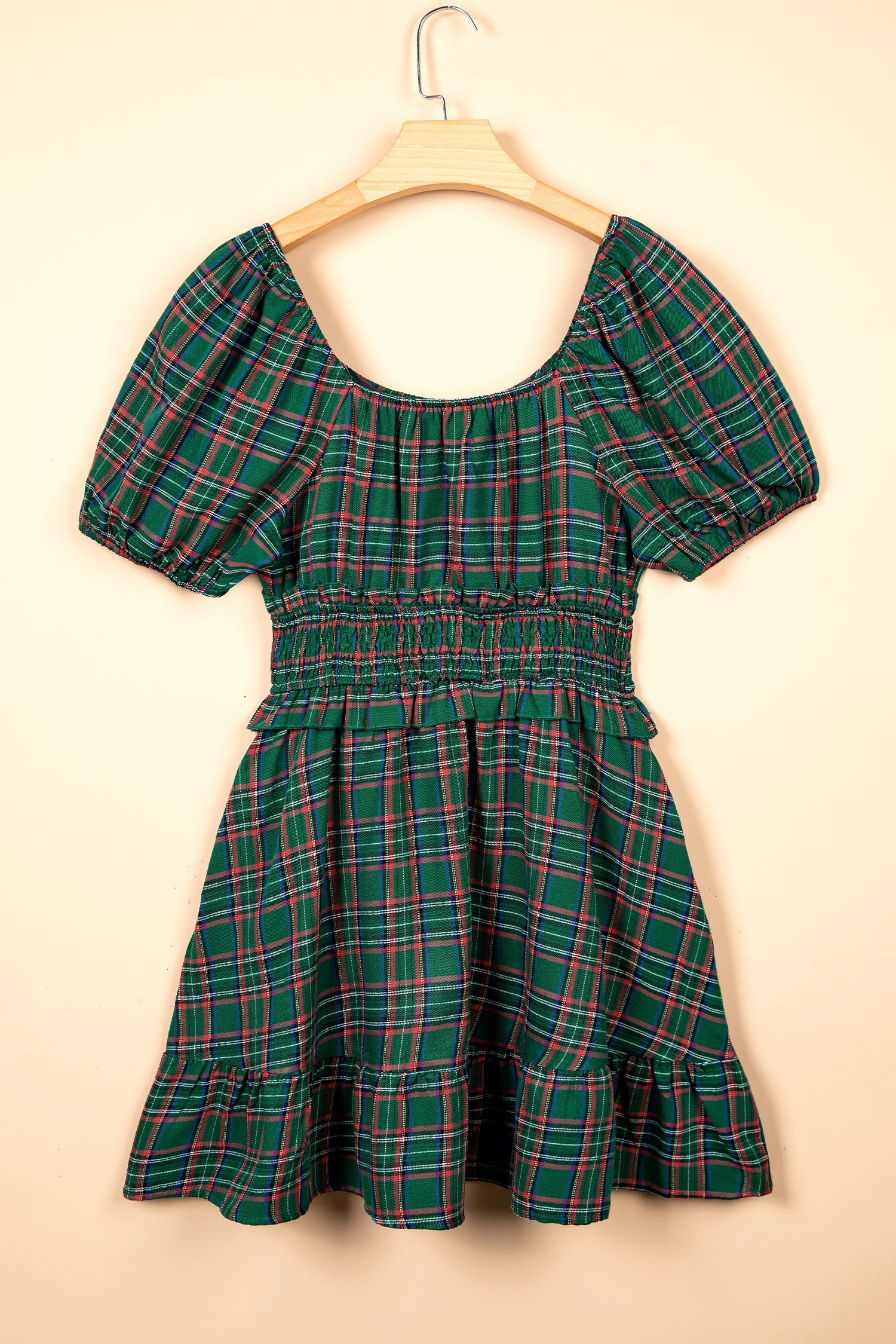 Green Plaid Shirred U Neck Short Sleeve Mini Dress