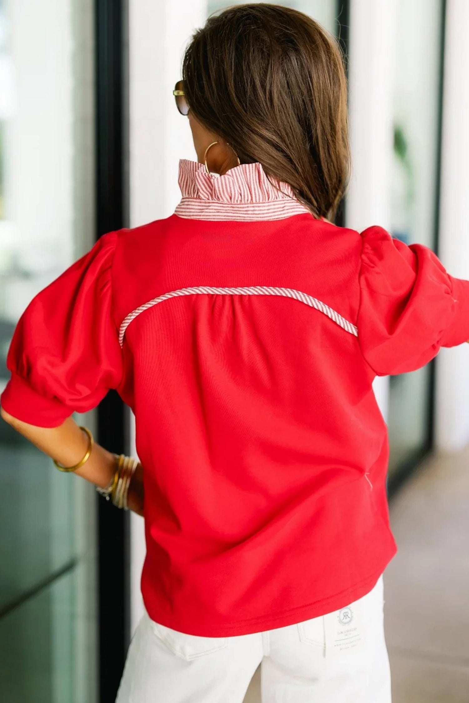 Fiery Red Striped Frilled Collar Short Sleeve Blouse