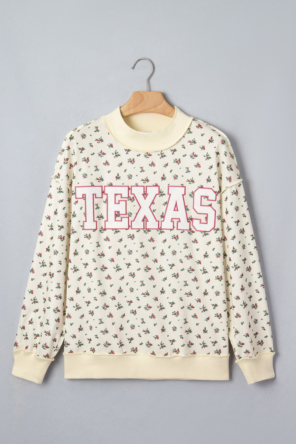 Beige Floral Print Stand Neck Long Sleeve Slogan Sweatshirt