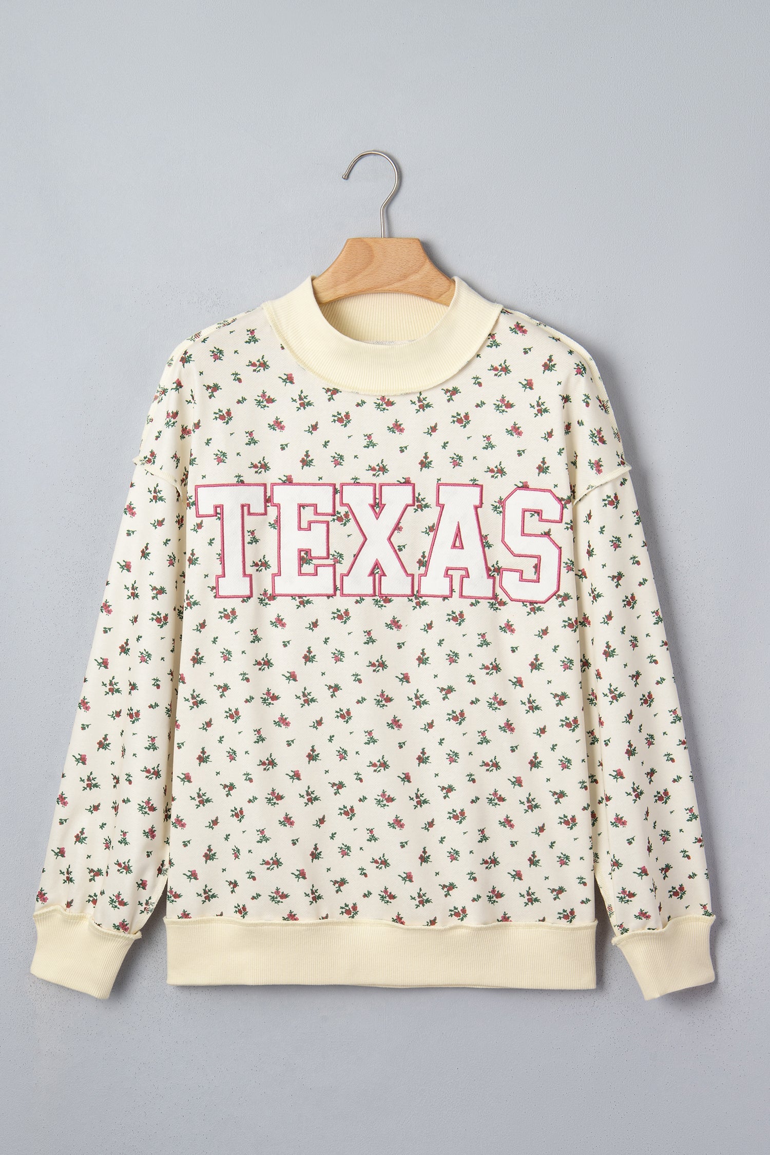 Beige Floral Print Stand Neck Long Sleeve Slogan Sweatshirt