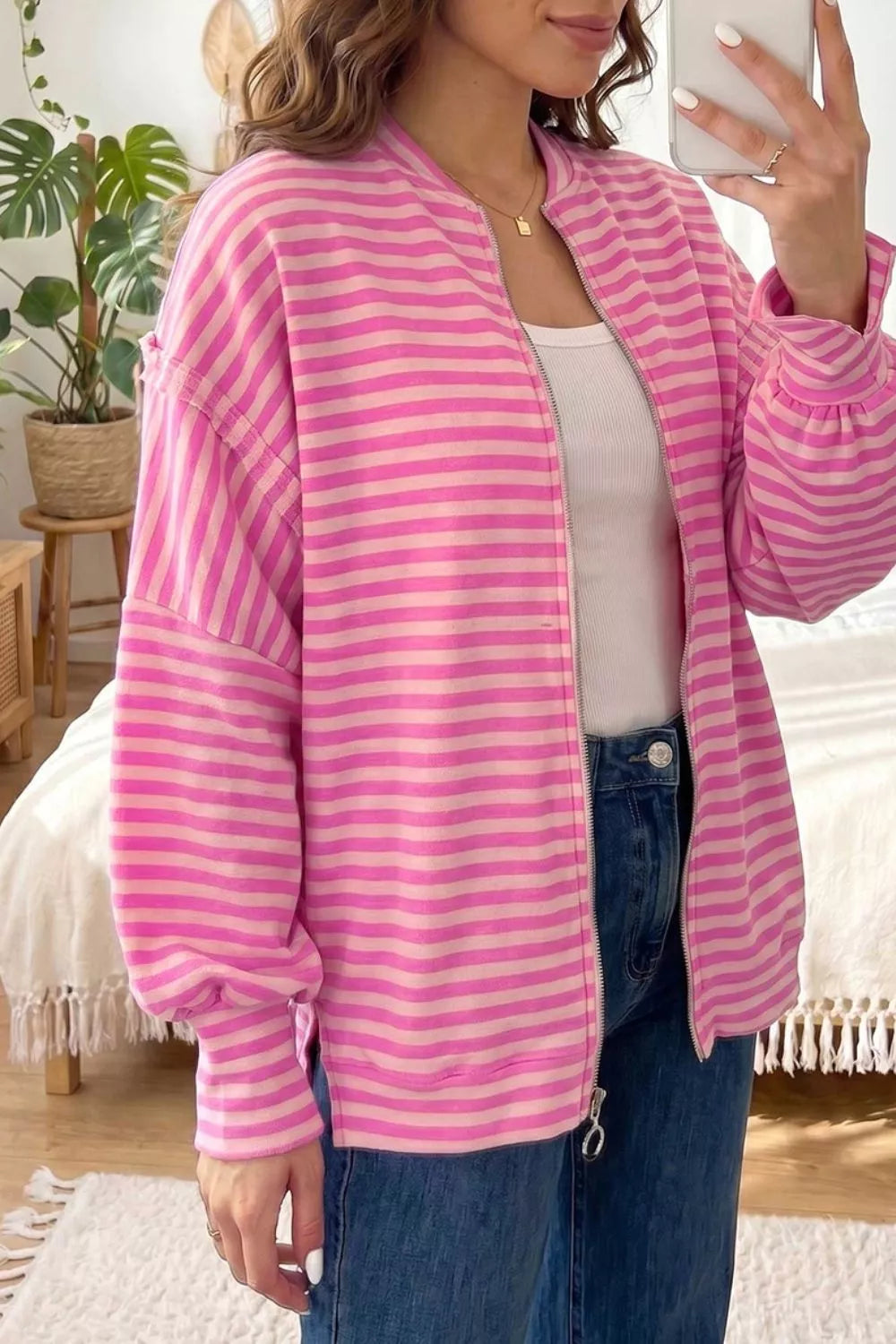 Stripe Striped Zip-up Open Front Loose Fit Regular Length Hoodie