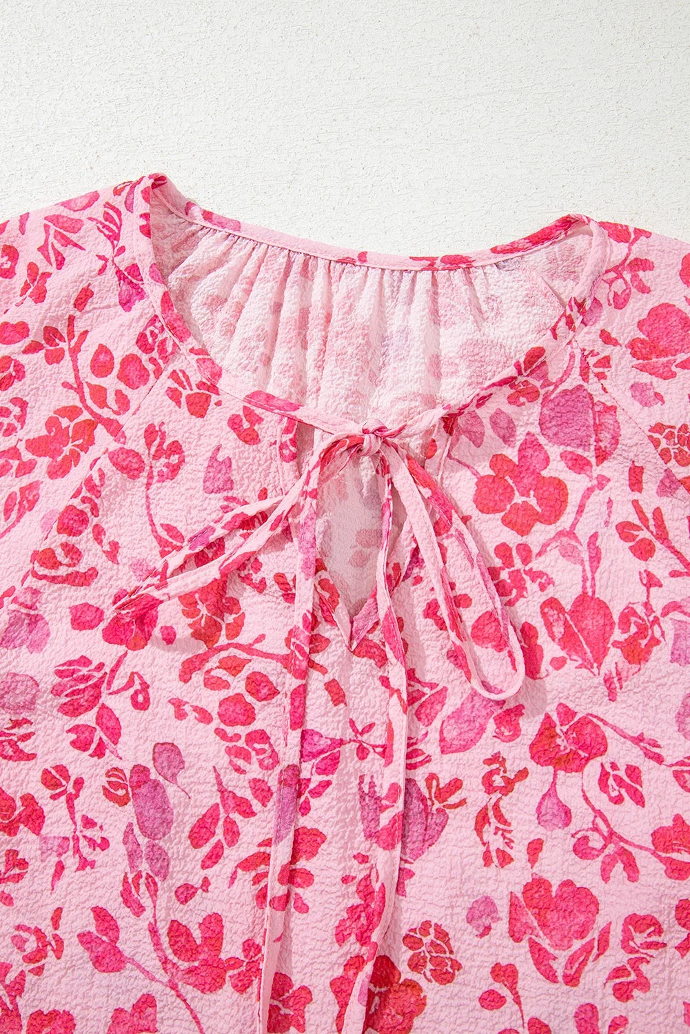 Floral Puff Sleeve Split Neck Lightweight Blouse