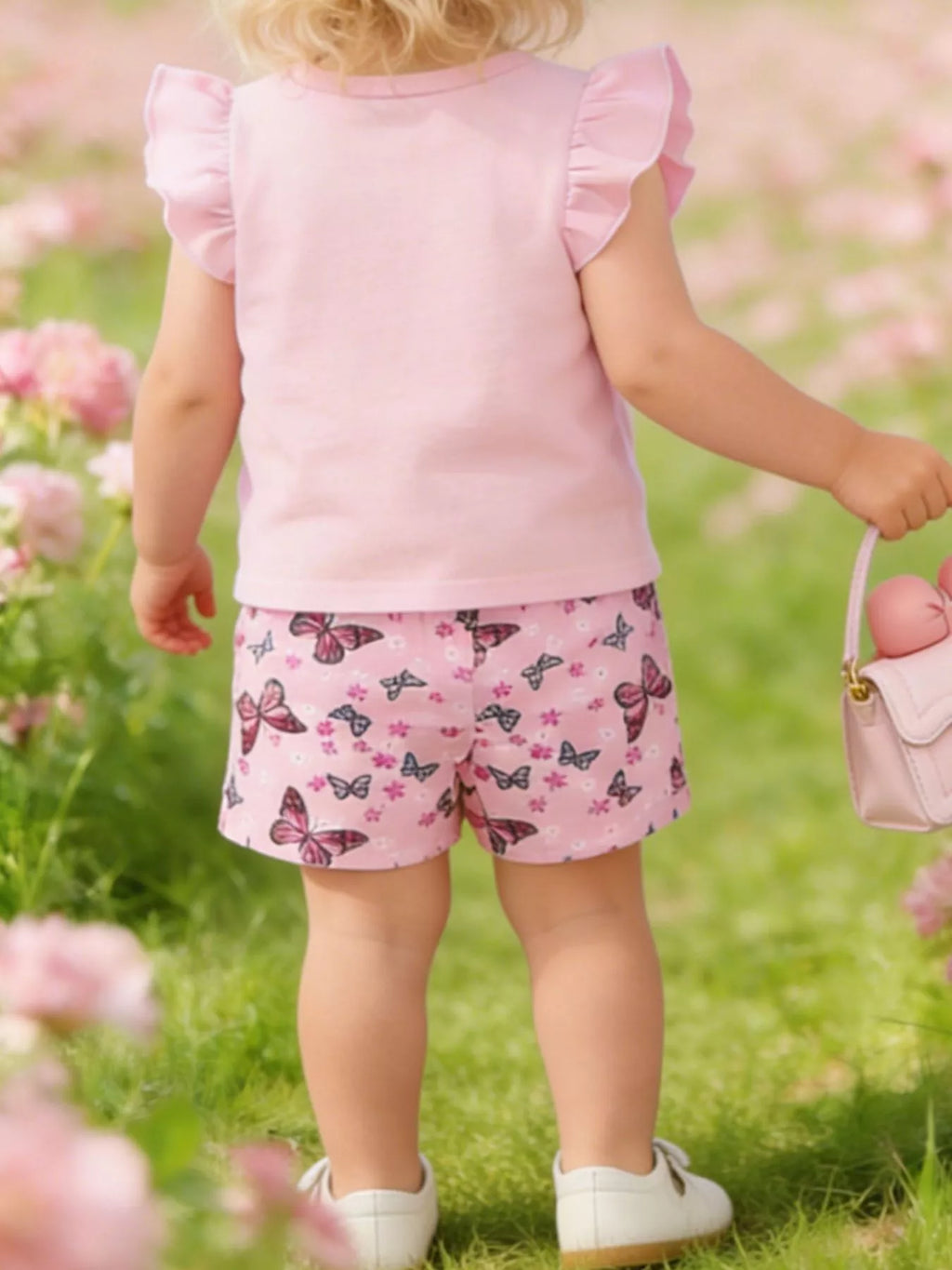 Children's Ruffled Butterfly T-Shirt and Shorts Set with Headband