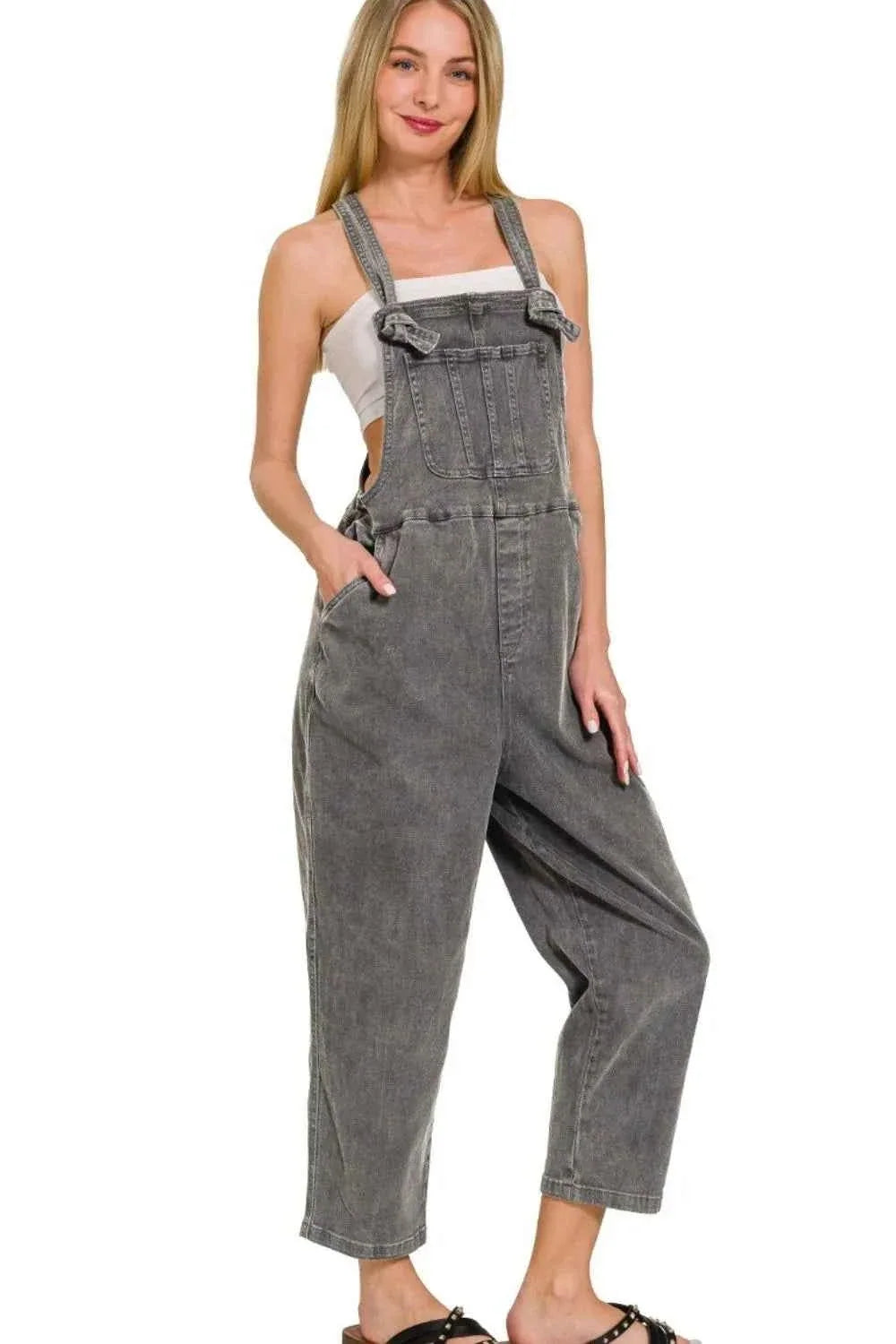 Washed Knot Strap Relaxed Fit Cropped Denim Overalls