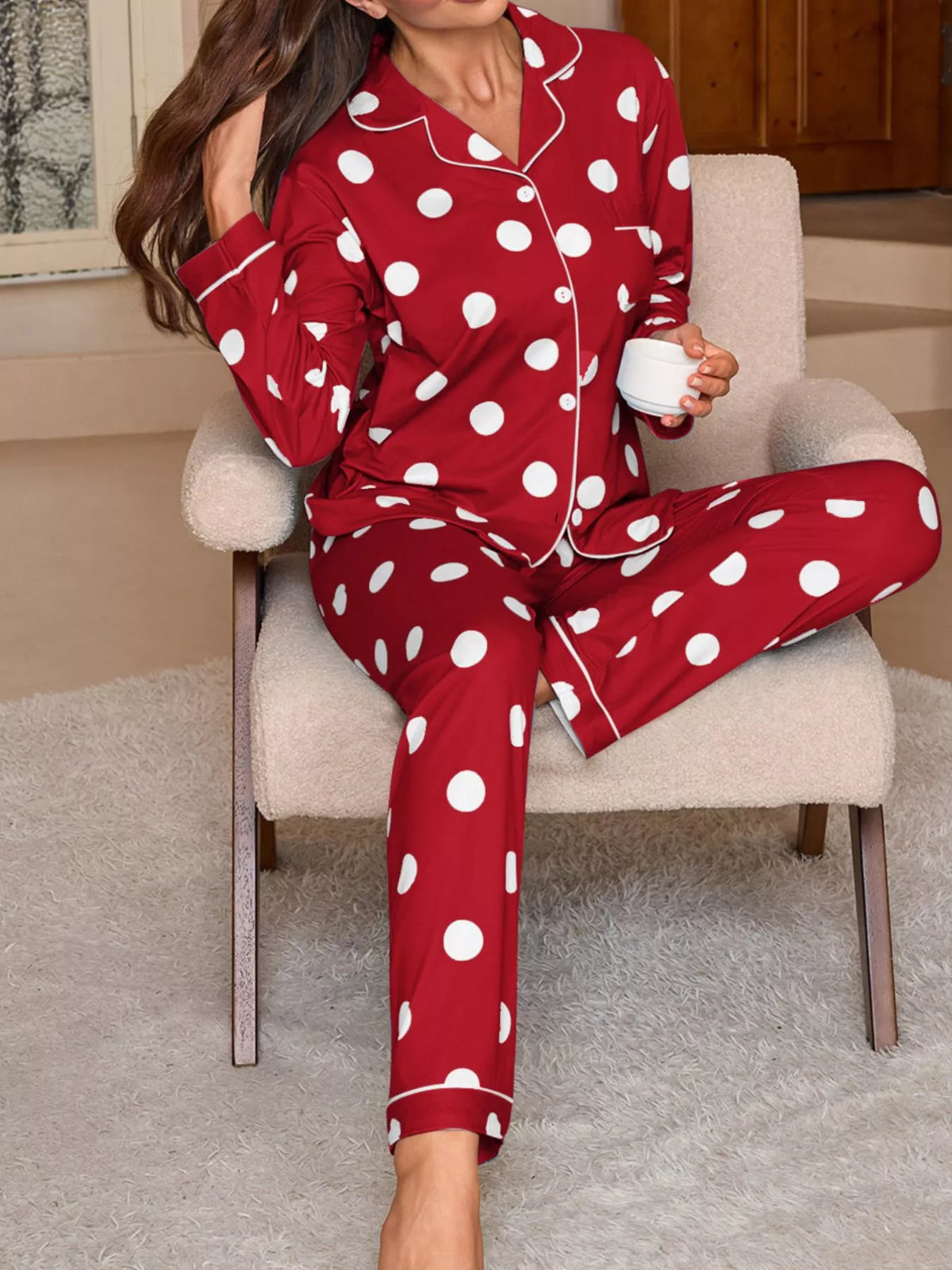 Polka Dot Button-Down Top and Pants Lounge Set