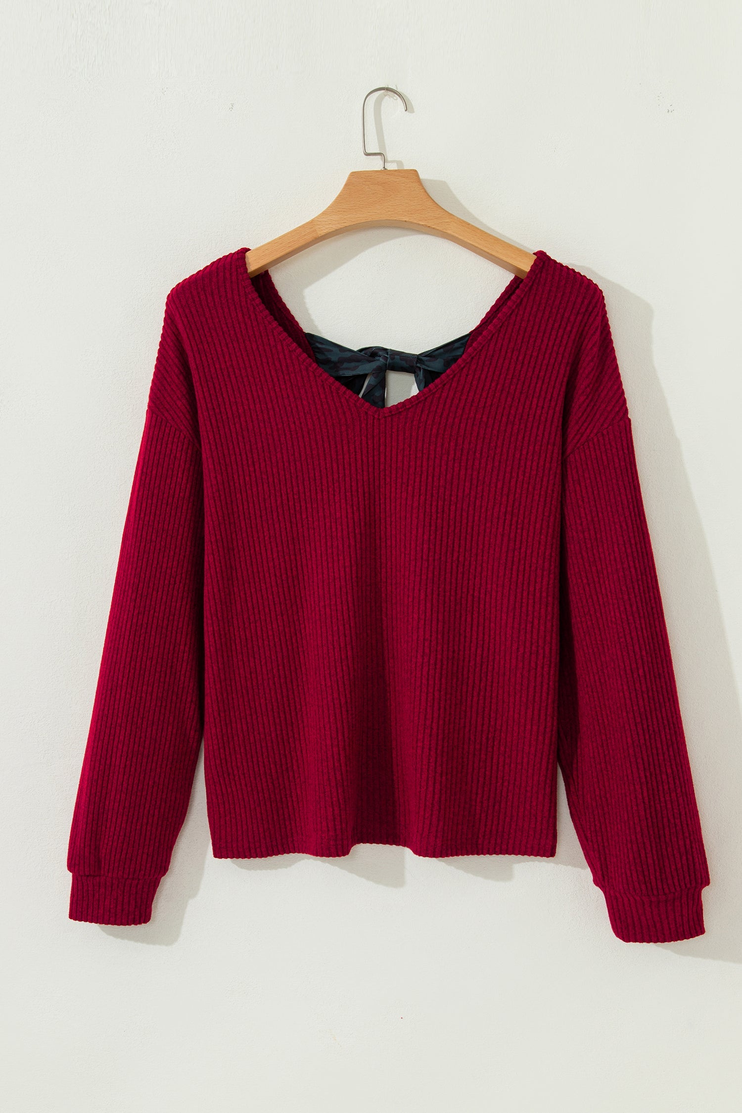 Racing Red Ribbed V Neck Contrast Ribbon Bow Back Drop Shoulder Long Sleeve Top