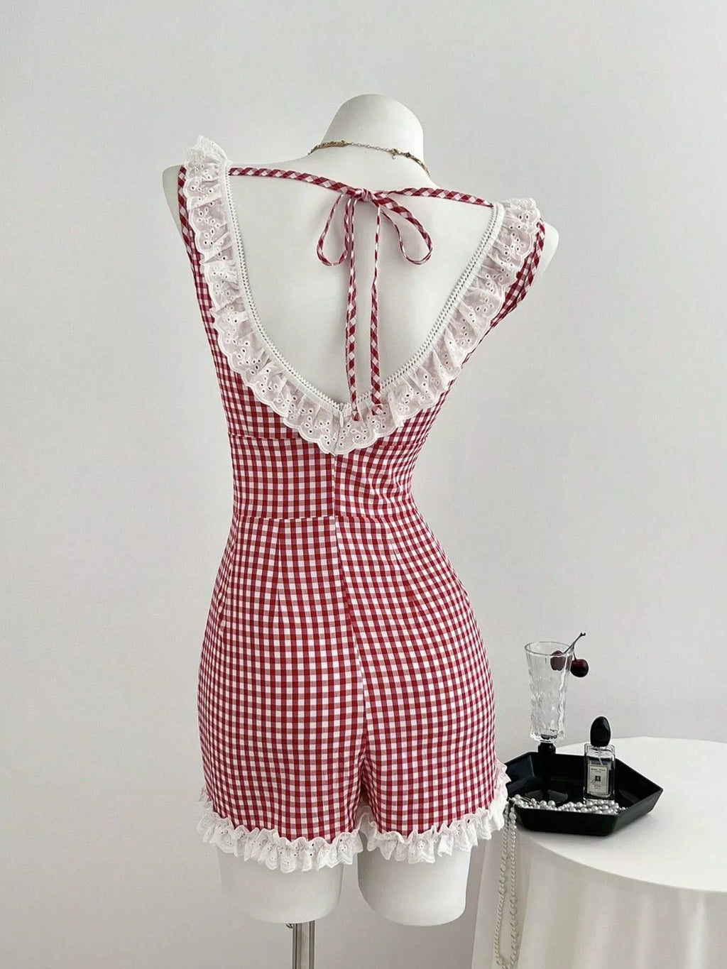 Gingham Lace-Trimmed Romper with Bow Detail