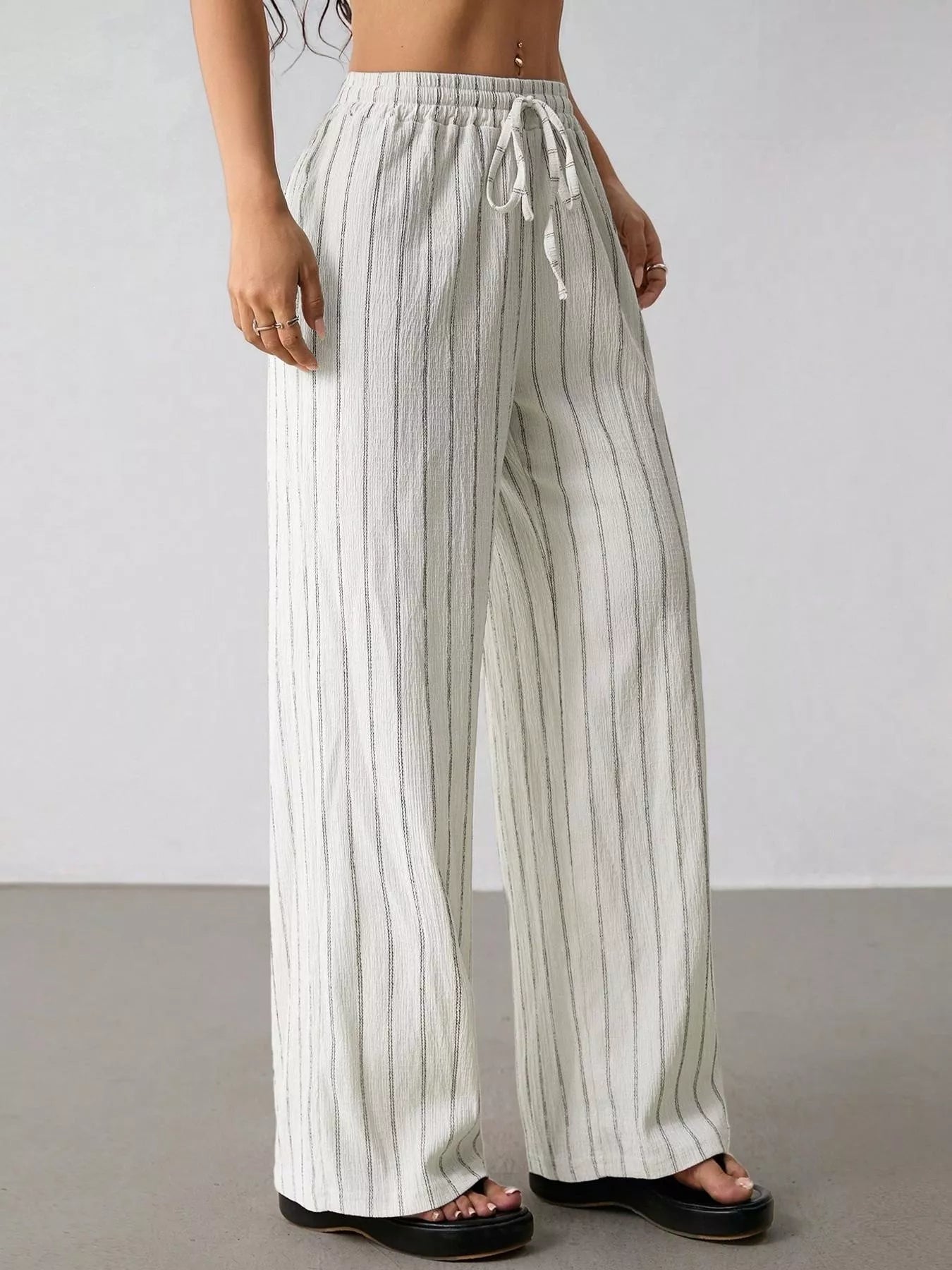 Striped Wide-Leg Drawstring Pants