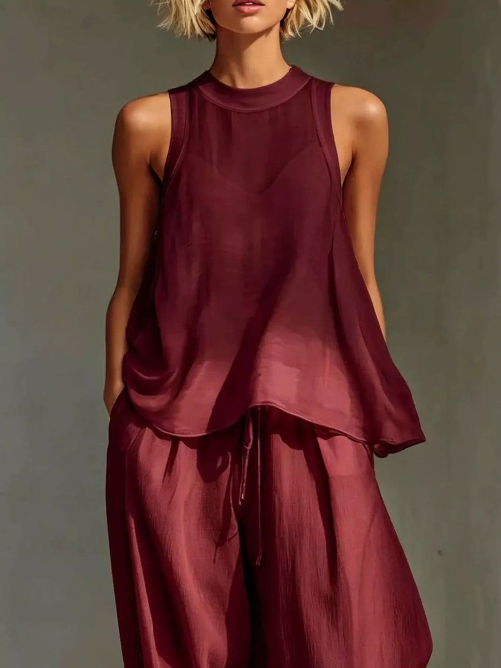 Full Size Sheer Sleeveless Top and Wide-Leg Pants Set Plus Size