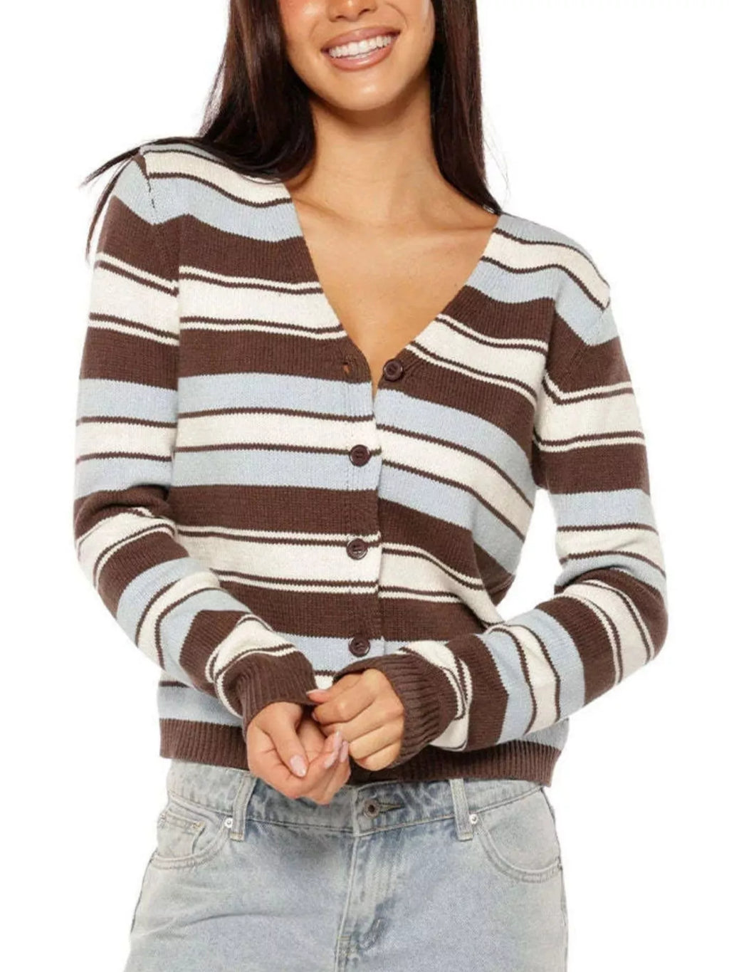 Striped V-Neck Button-Down Cardigan
