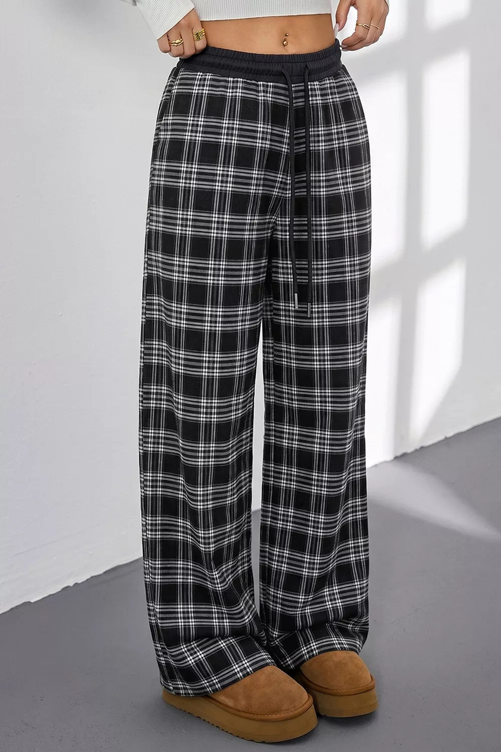 Plaid Wide-Leg Drawstring Pants