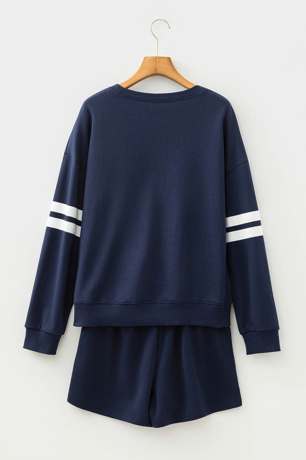 Navy Blue Varsity Striped Sleeve Drop Shoulder Sweatshirt and Short Set