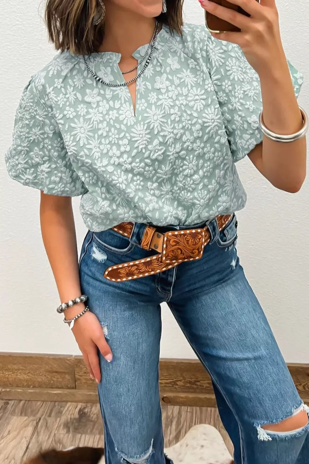 Floral Textured Jacquard Puff Sleeve Blouse
