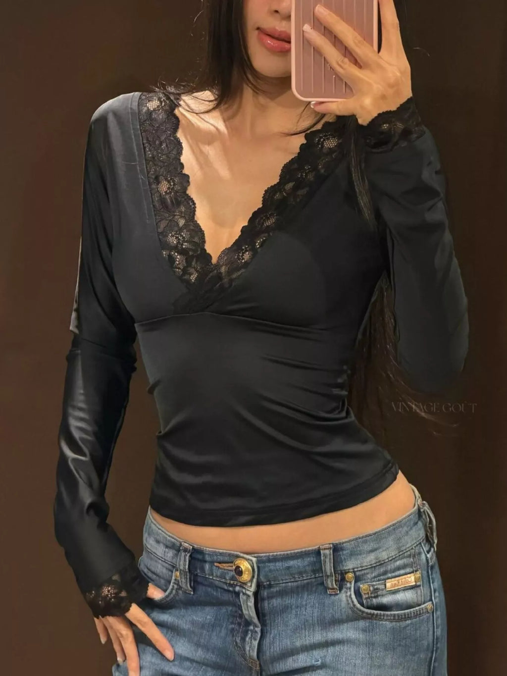 Lace-Trimmed Long Sleeves Wrap Blouse