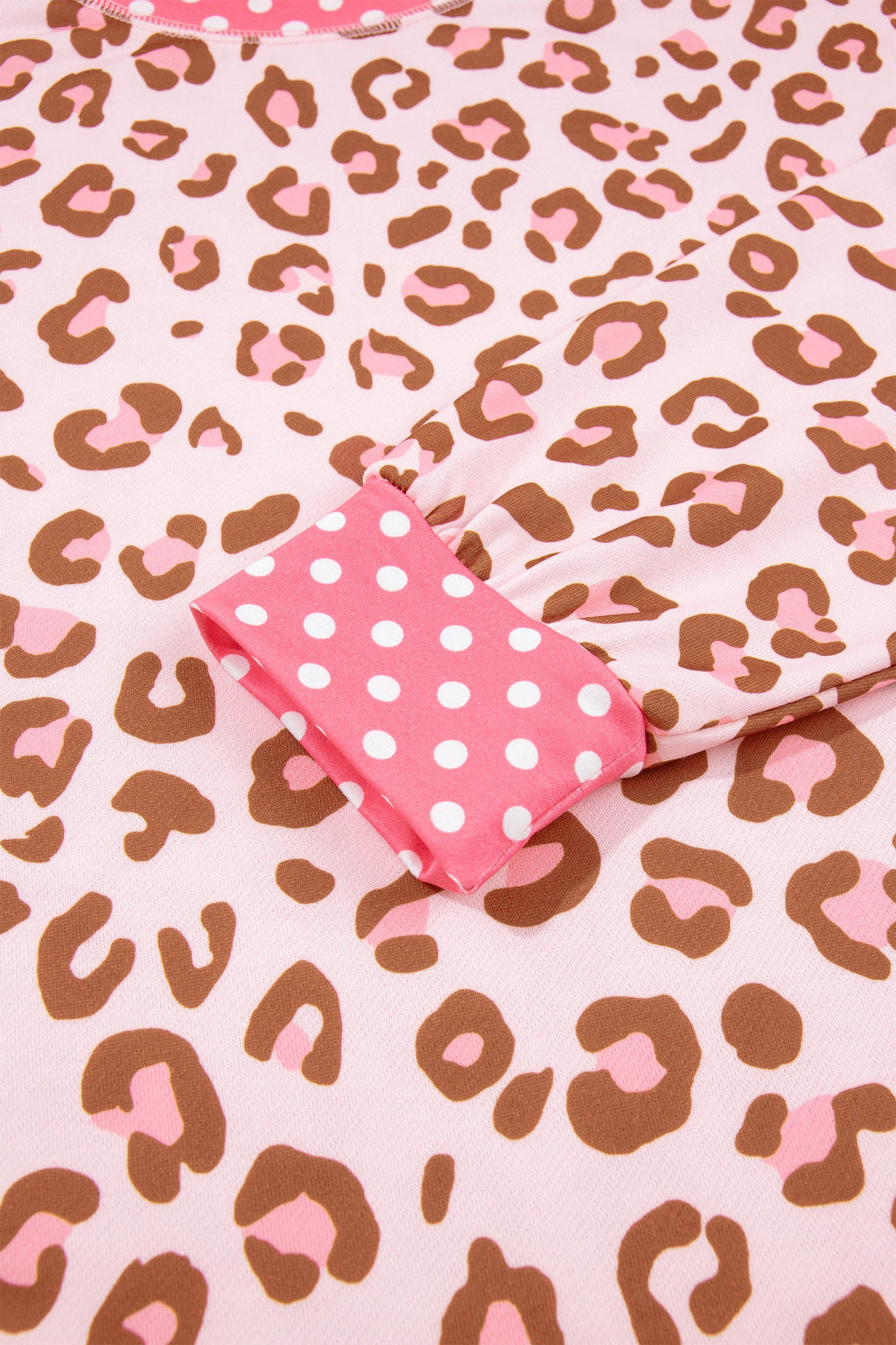 Pink Leopard Polka Dot Colorblock Trim Long Sleeve Top