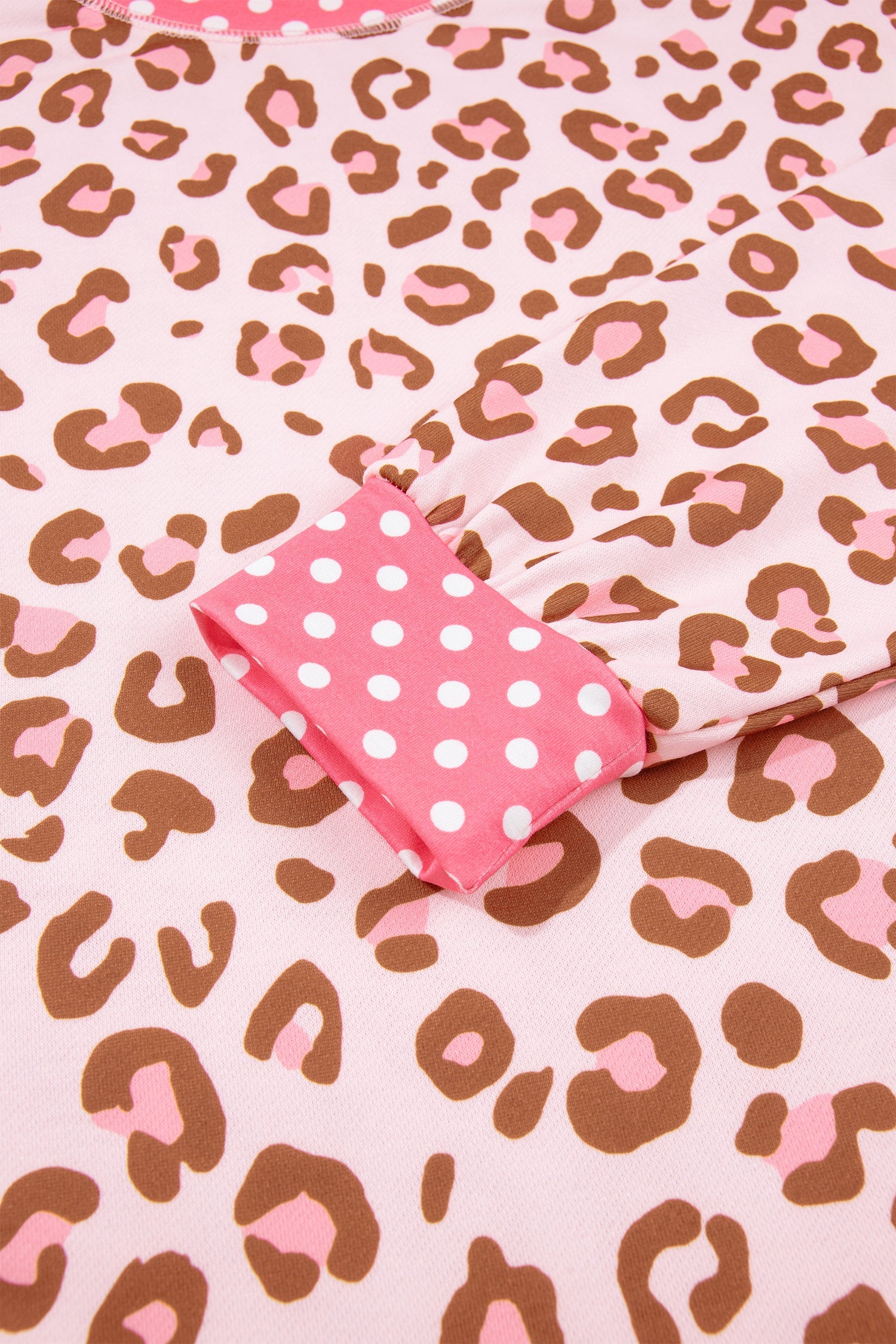 Pink Leopard Polka Dot Colorblock Trim Long Sleeve Top