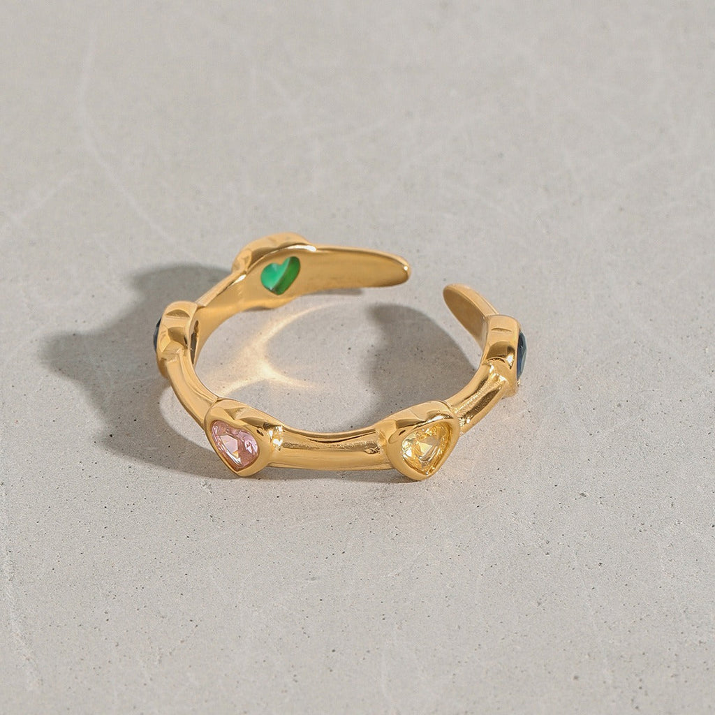 18K gold inlaid heart-shaped gemstone exquisite design open ring